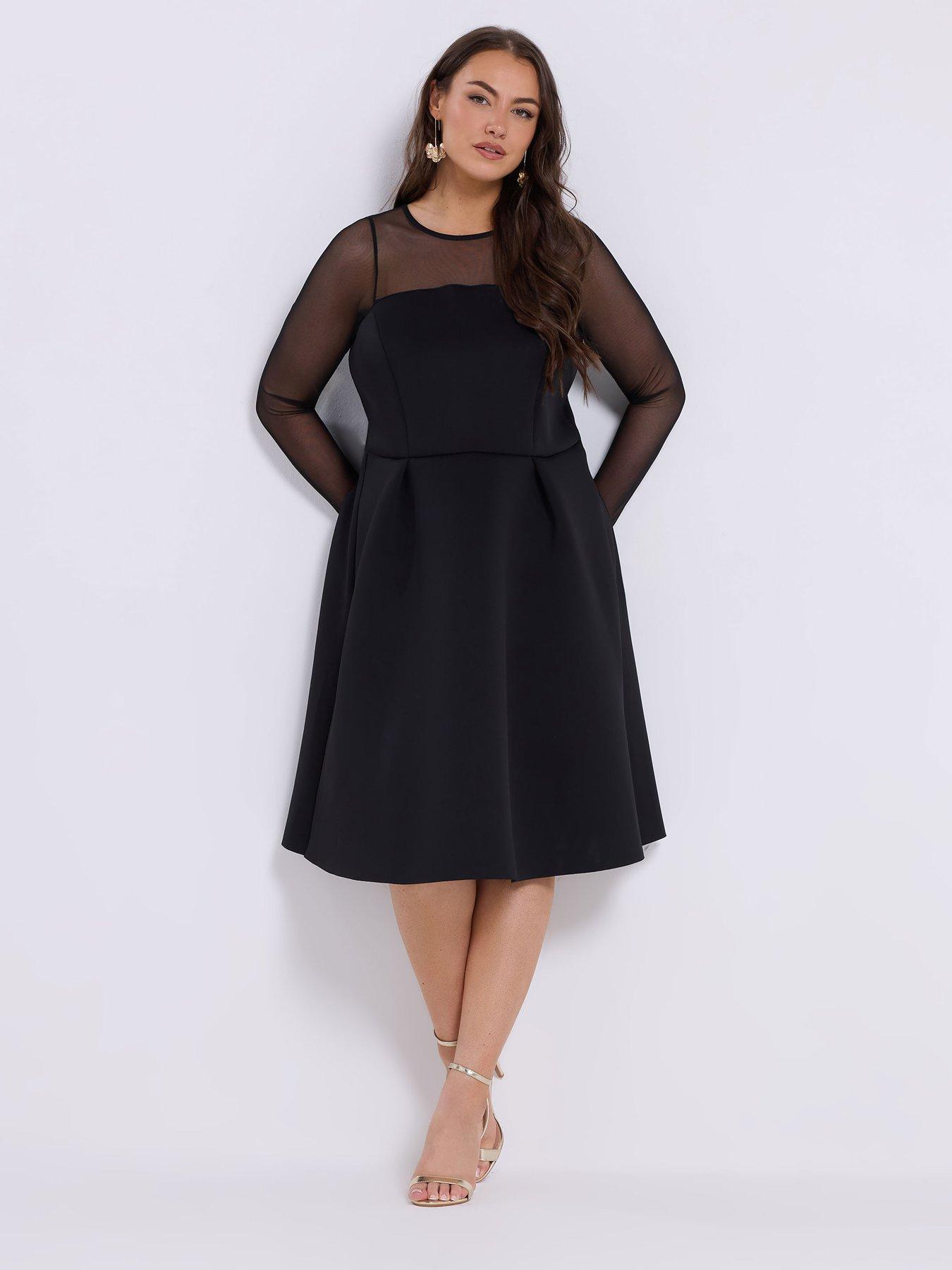 Yours Curve Mesh Sleeve Scuba Skater Dress - Black | Very