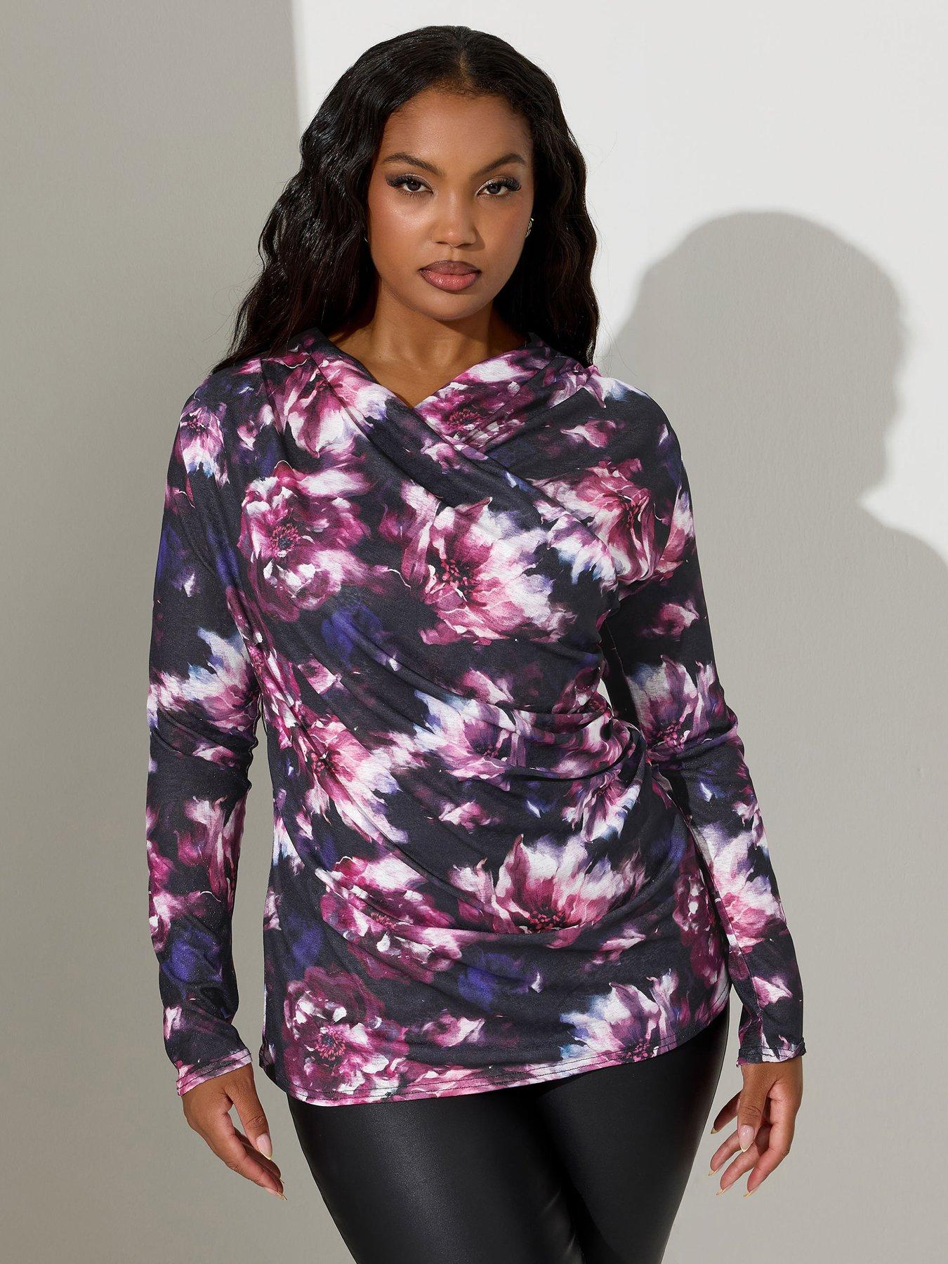 Yours Curve Floral Wrap Top - Purple