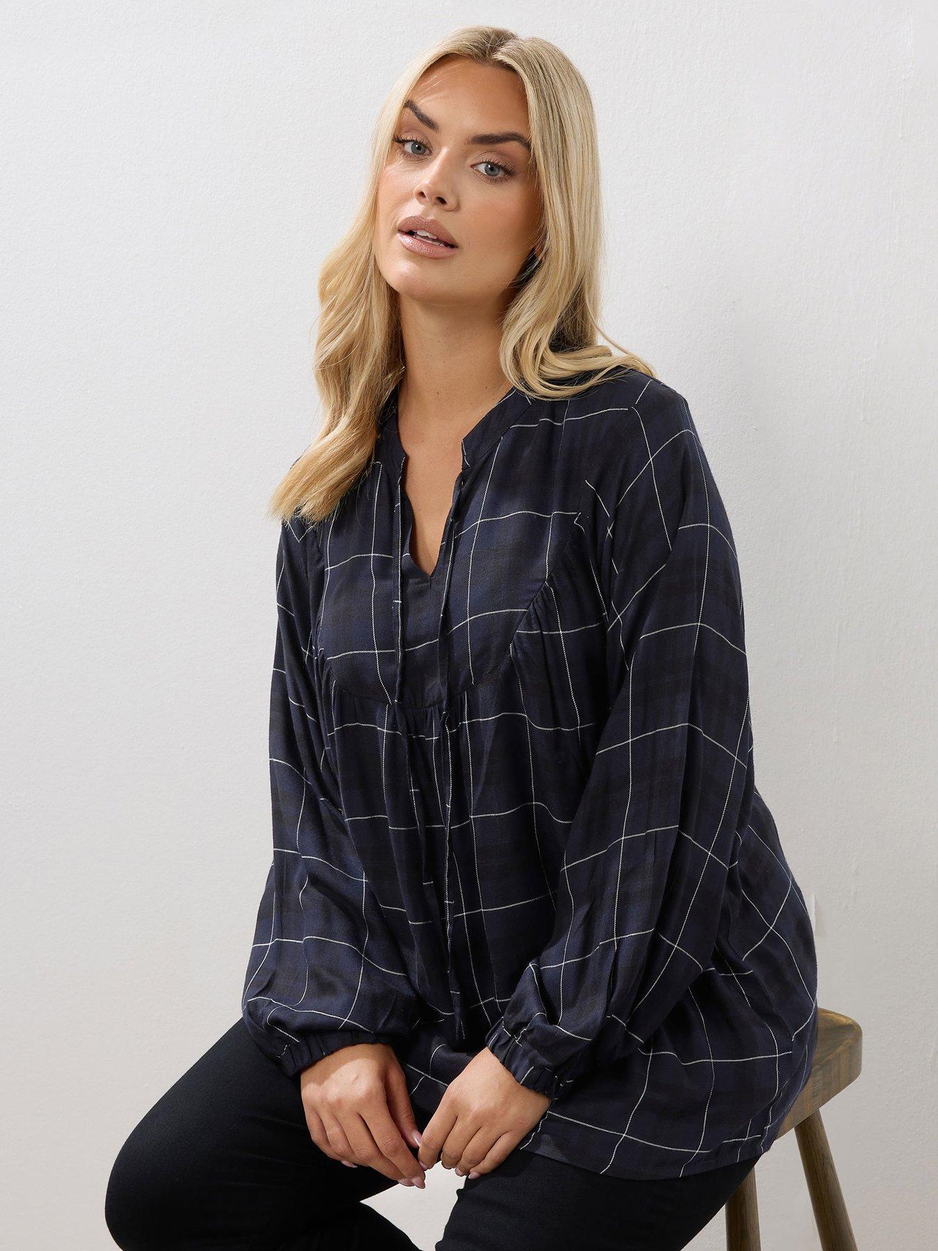 undefined Curve Check Tie Neck Blouse - Blue