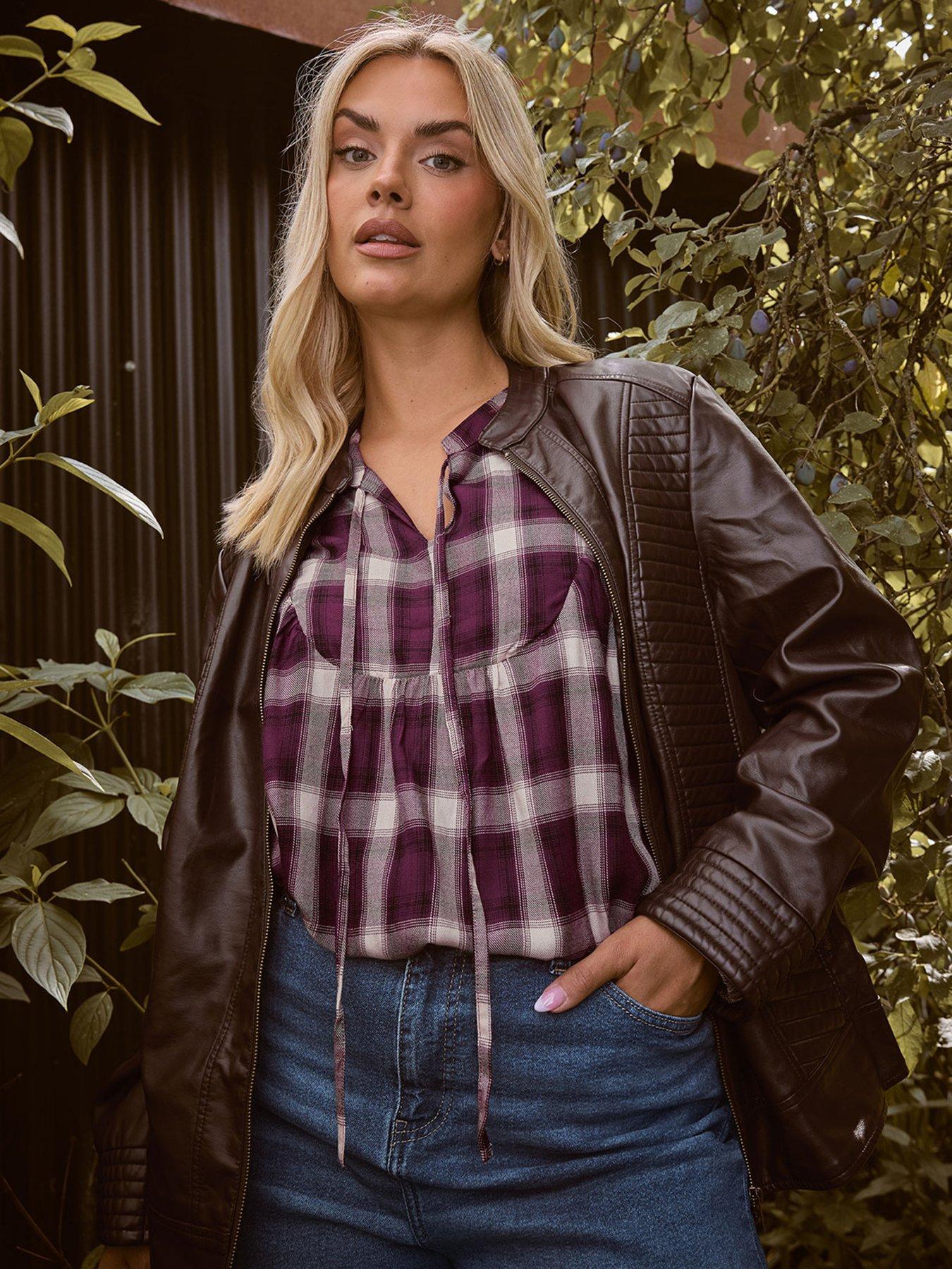 undefined Curve Check Tie Neck Blouse - Red