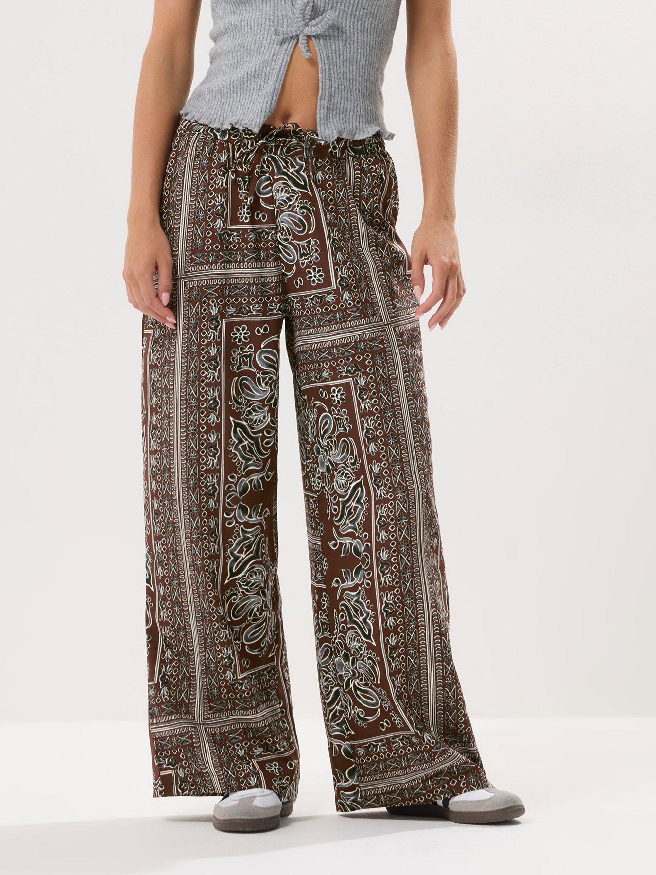 PixieGirl Petite Paisley Wide Leg Trousers - Brown