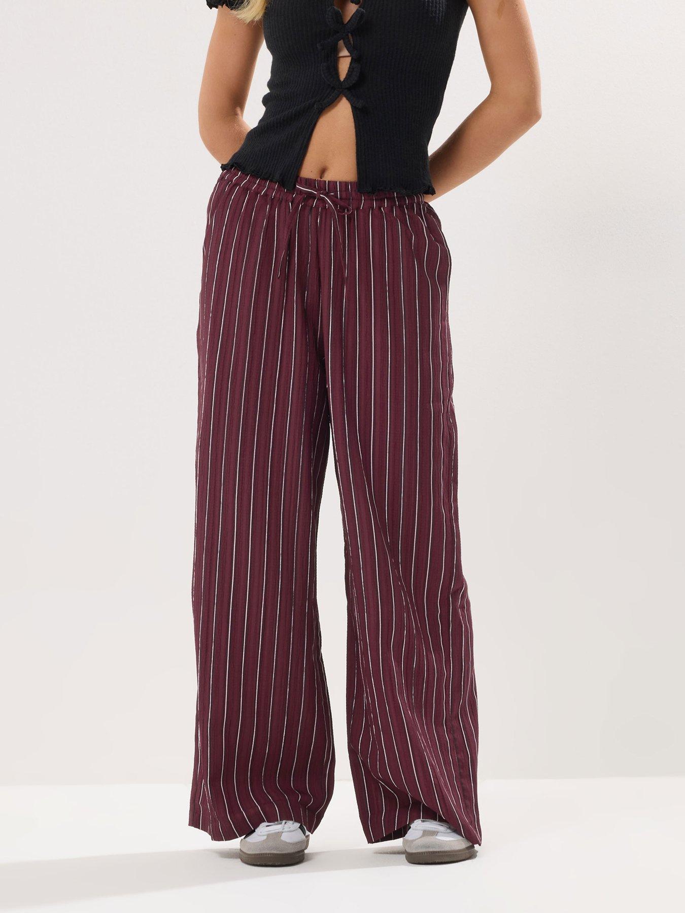 PixieGirl Petite Stripe Wide Leg Trousers - Burgundy