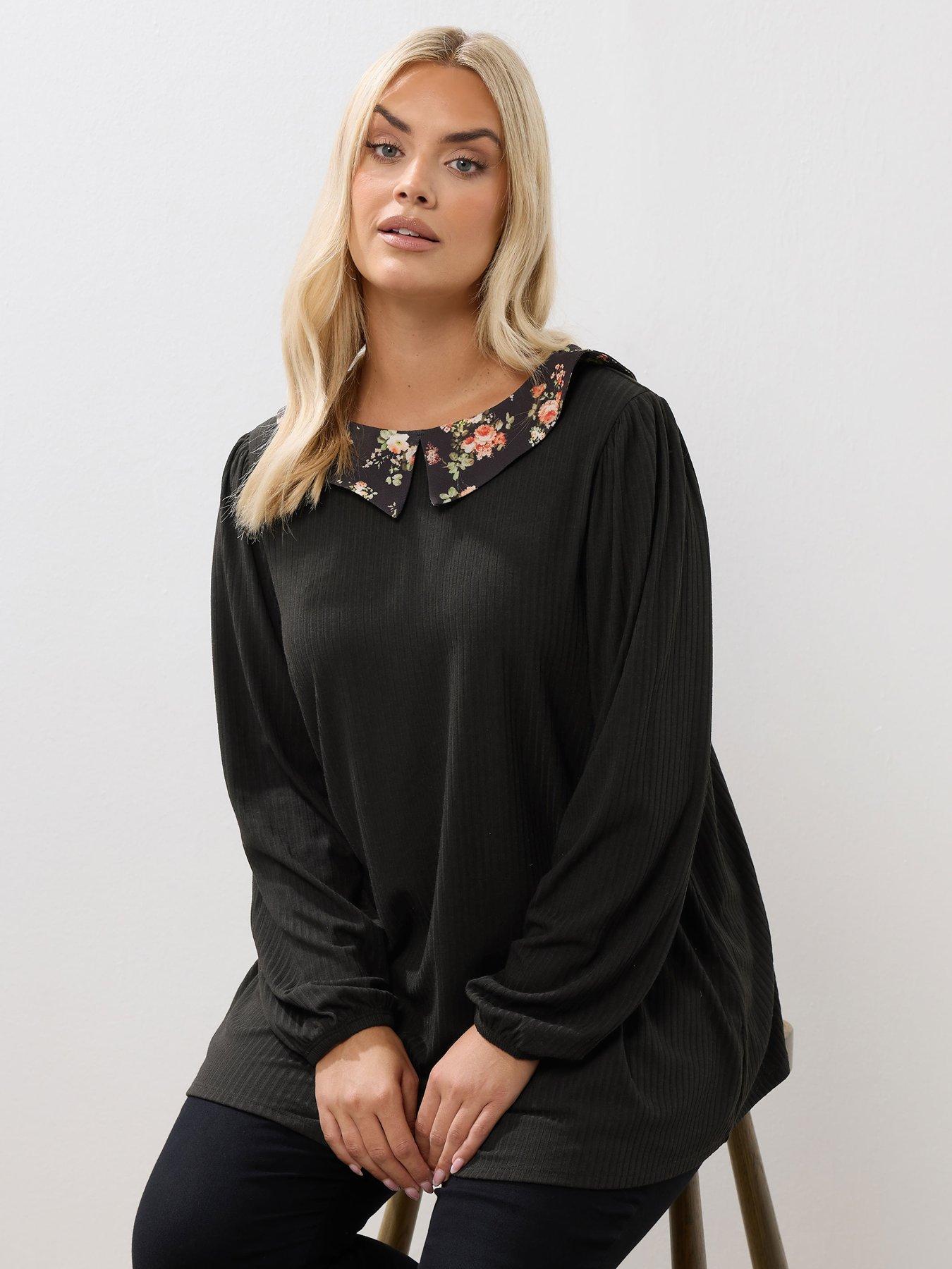 undefined Curve Collar Rib Balloon Sleeve Top - Black
