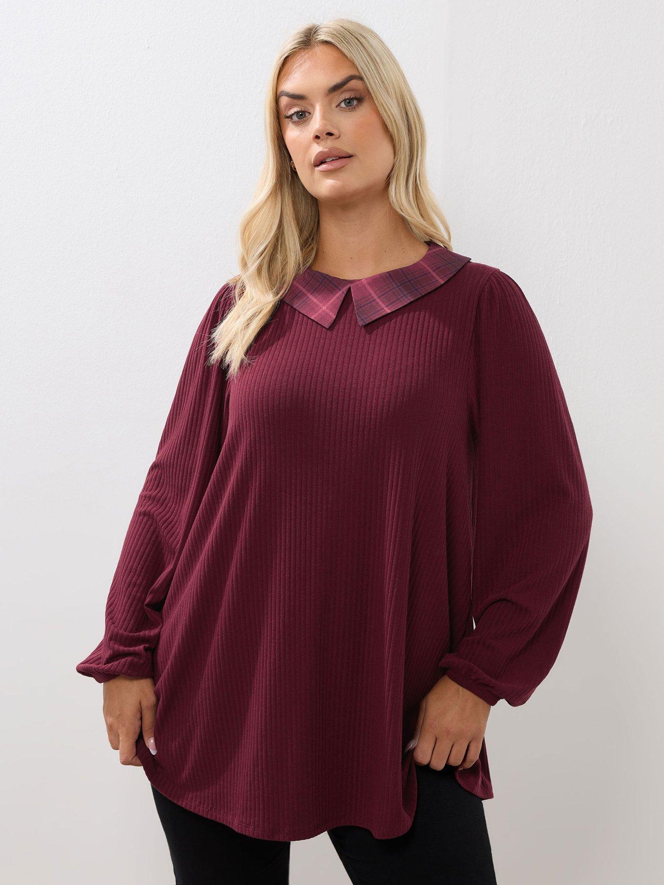 undefined Curve Collar Rib Balloon Sleeve Top - Red