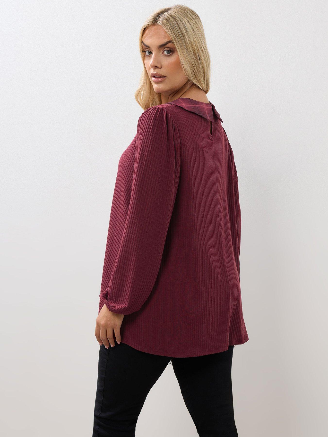 Image 2 of 4 of Yours Curve Collar Rib Balloon Sleeve Top - Red