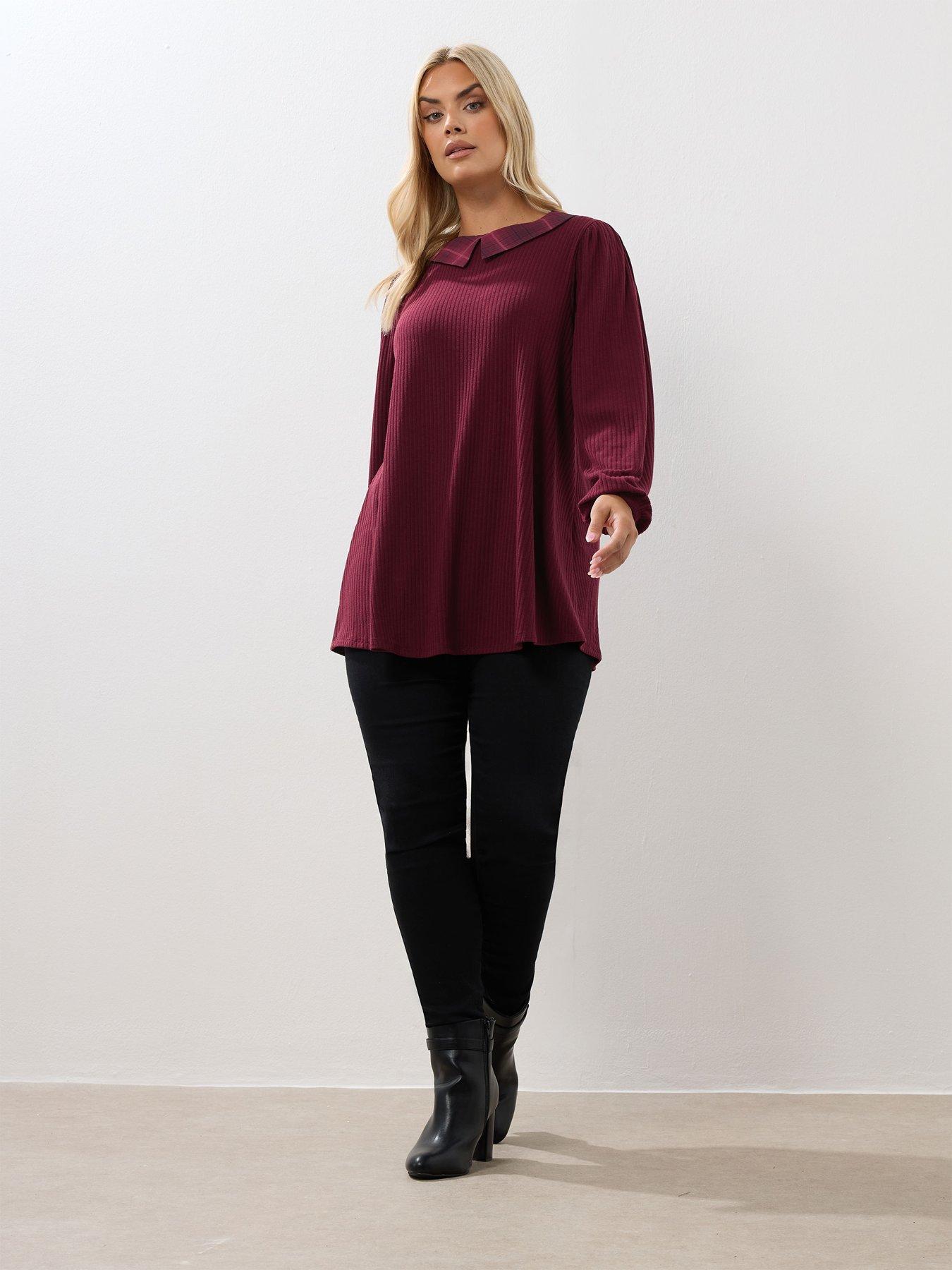 Image 3 of 4 of Yours Curve Collar Rib Balloon Sleeve Top - Red
