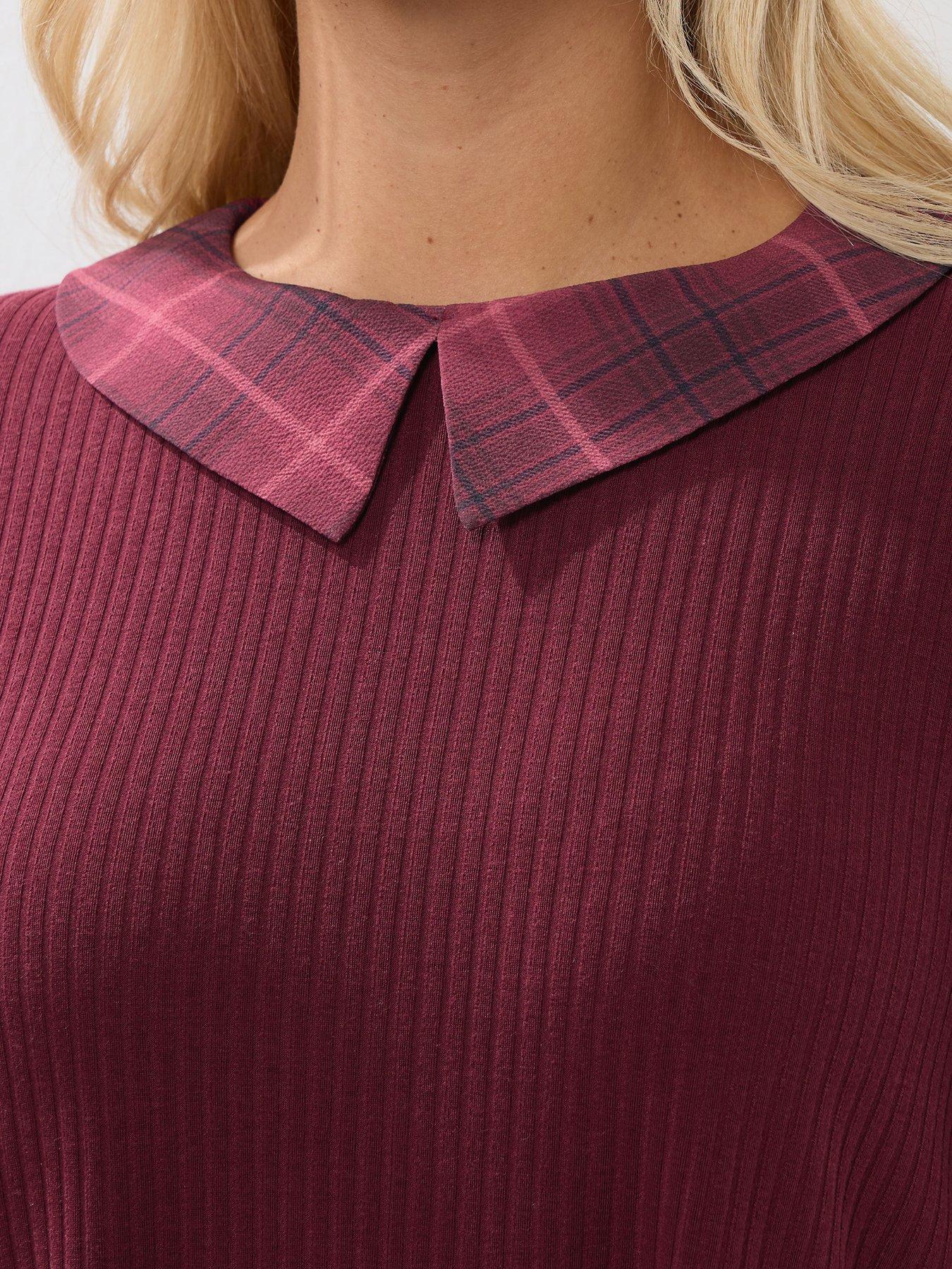 Image 4 of 4 of Yours Curve Collar Rib Balloon Sleeve Top - Red