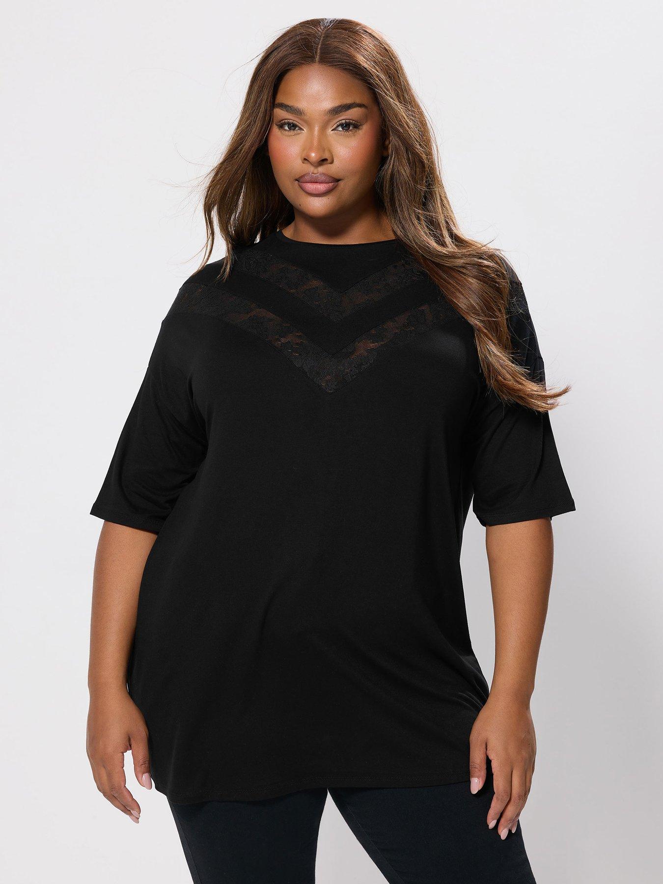 Yours Curve Lace Chevron T-Shirt - Black