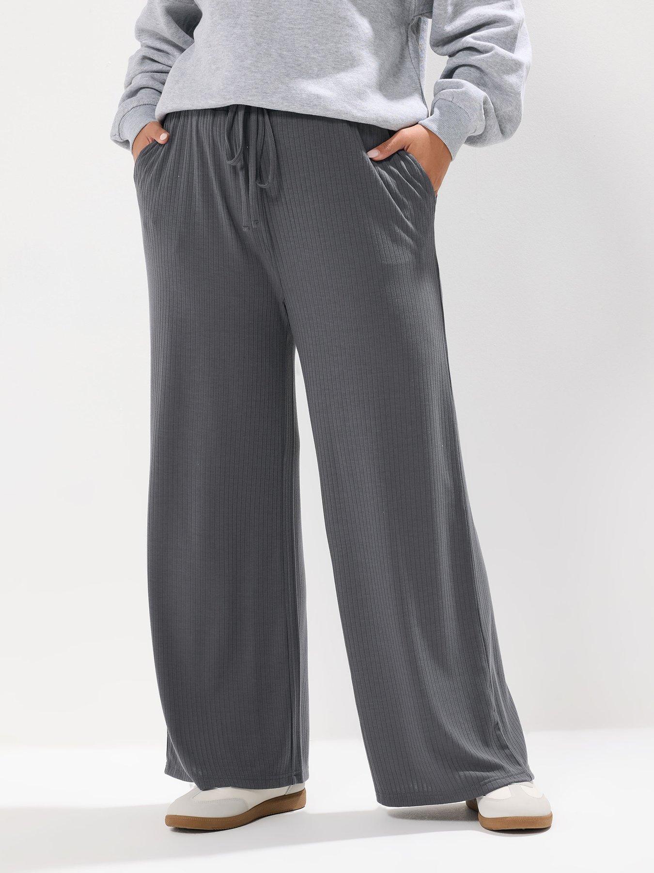 undefined Curve Wide Leg Ribbed Pull On Trouser - Grey