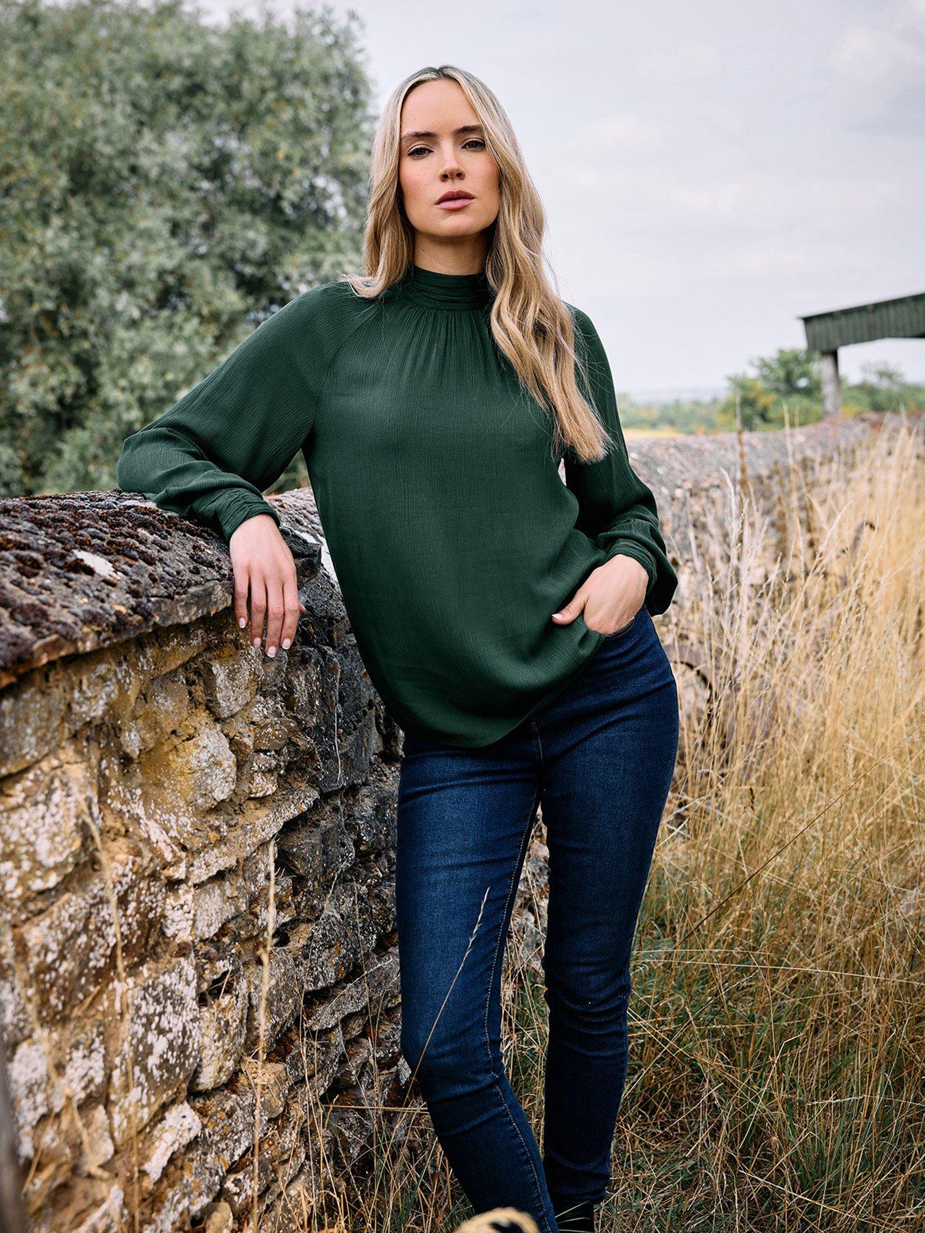 Long Tall Sally High Neck Crinkle Blouse - Green