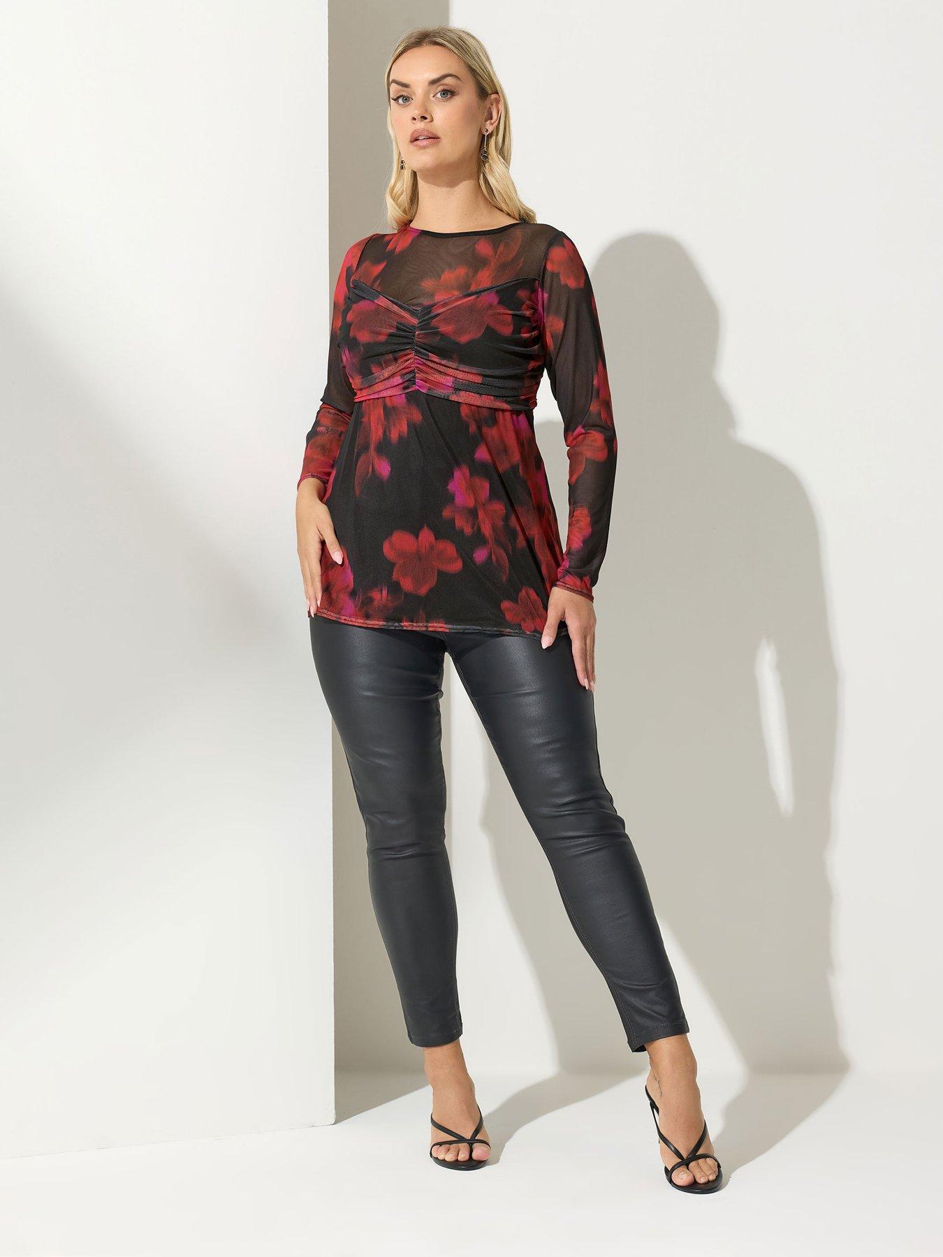 Image 3 of 4 of Yours Curve Floral Gathered Mesh Top - Red