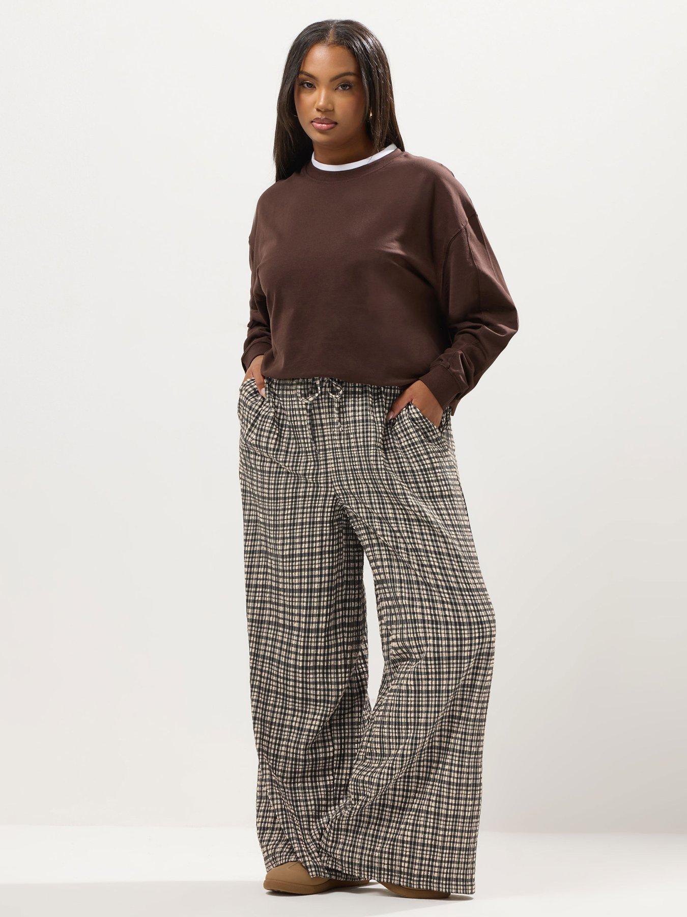 undefined Curve Check Pull On Wide Leg Trouser - Natural