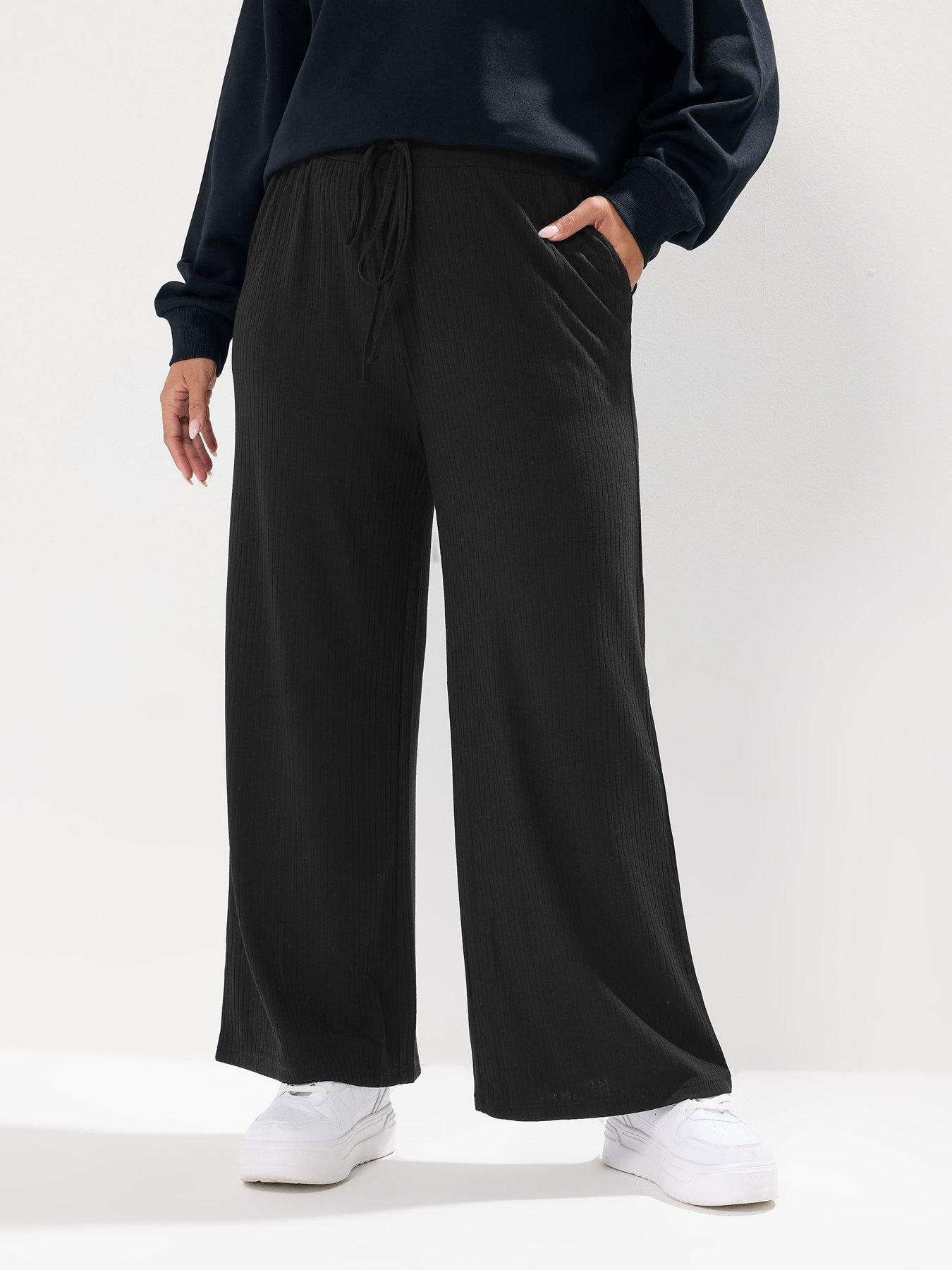 undefined Curve Wide Leg Ribbed Pull On Trouser - Black