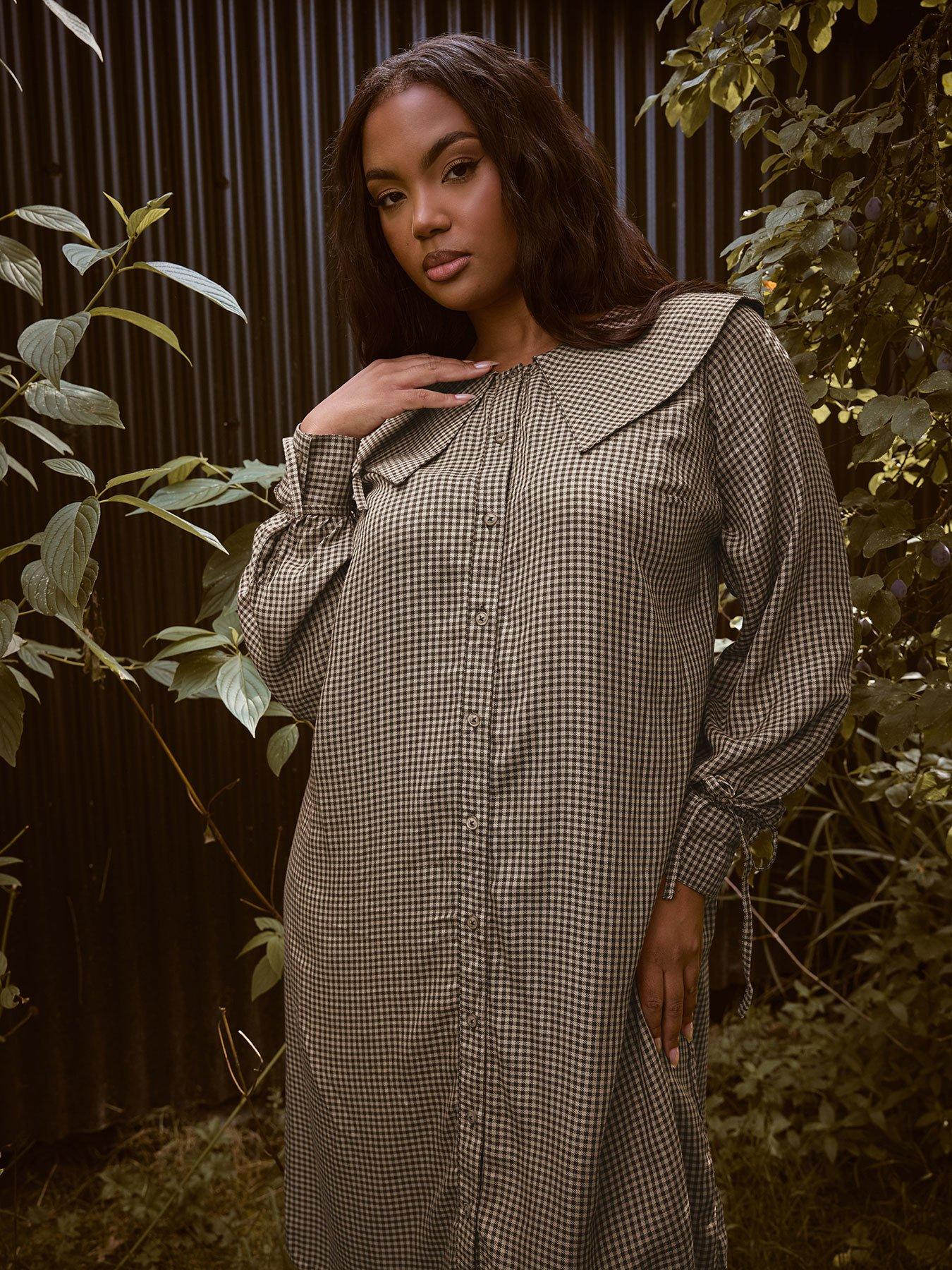 undefined Curve Check Collar Smock Mini Dress
