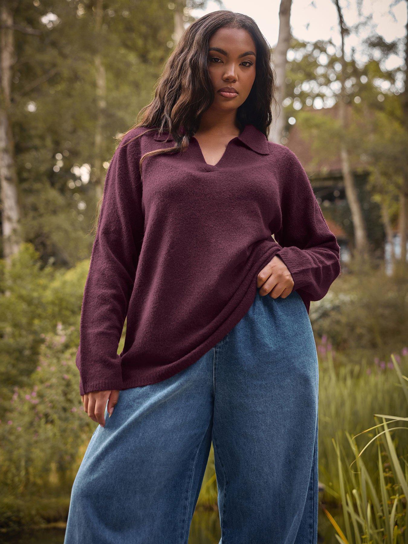 Yours Curve Collar V Neck Jumper - Purple