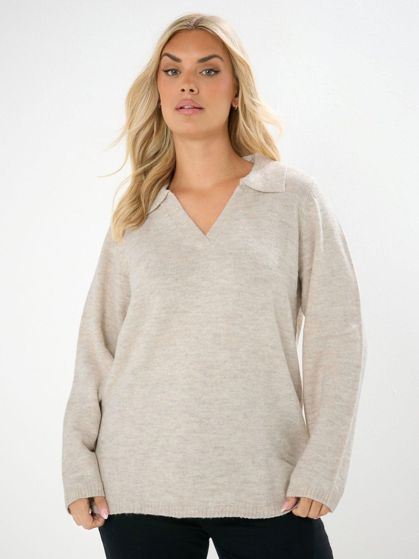 undefined Curve Collar V Neck Jumper - Natural