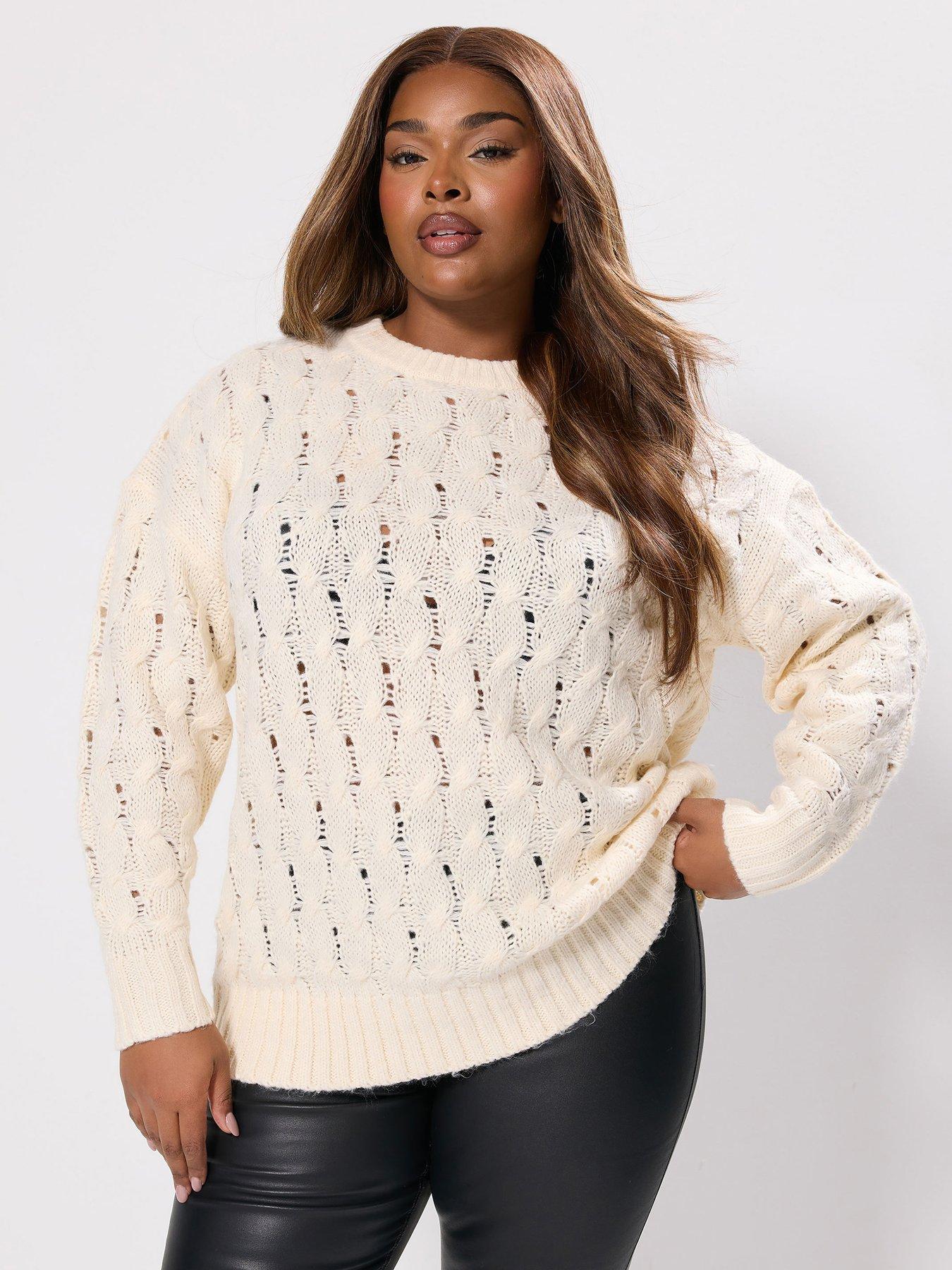 Yours Curve Cable Knit Crew Neck Jumper - Ivory