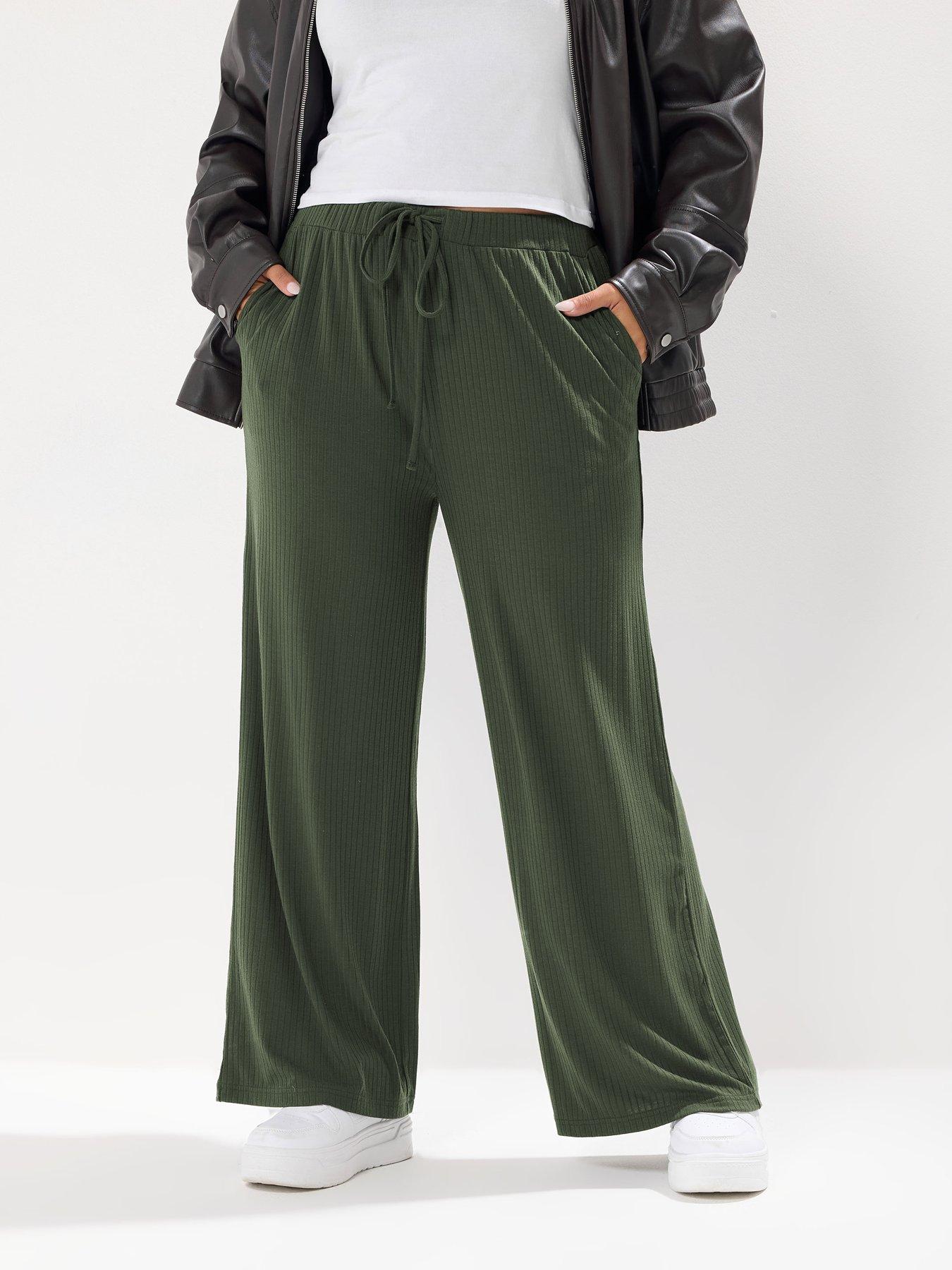 undefined Curve Wide Leg Ribbed Pull On Trouser - Green