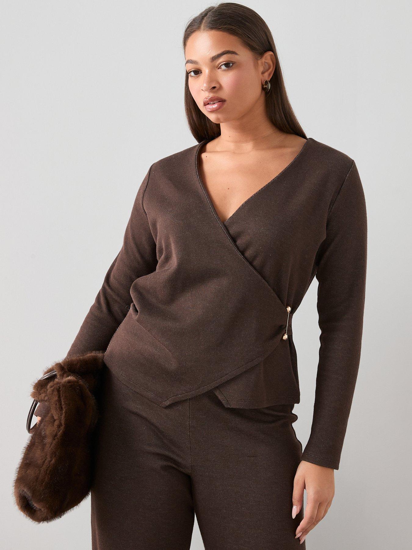 The Very Collection Curve Metal Trim Wrap Top Co-Ord - Brown
