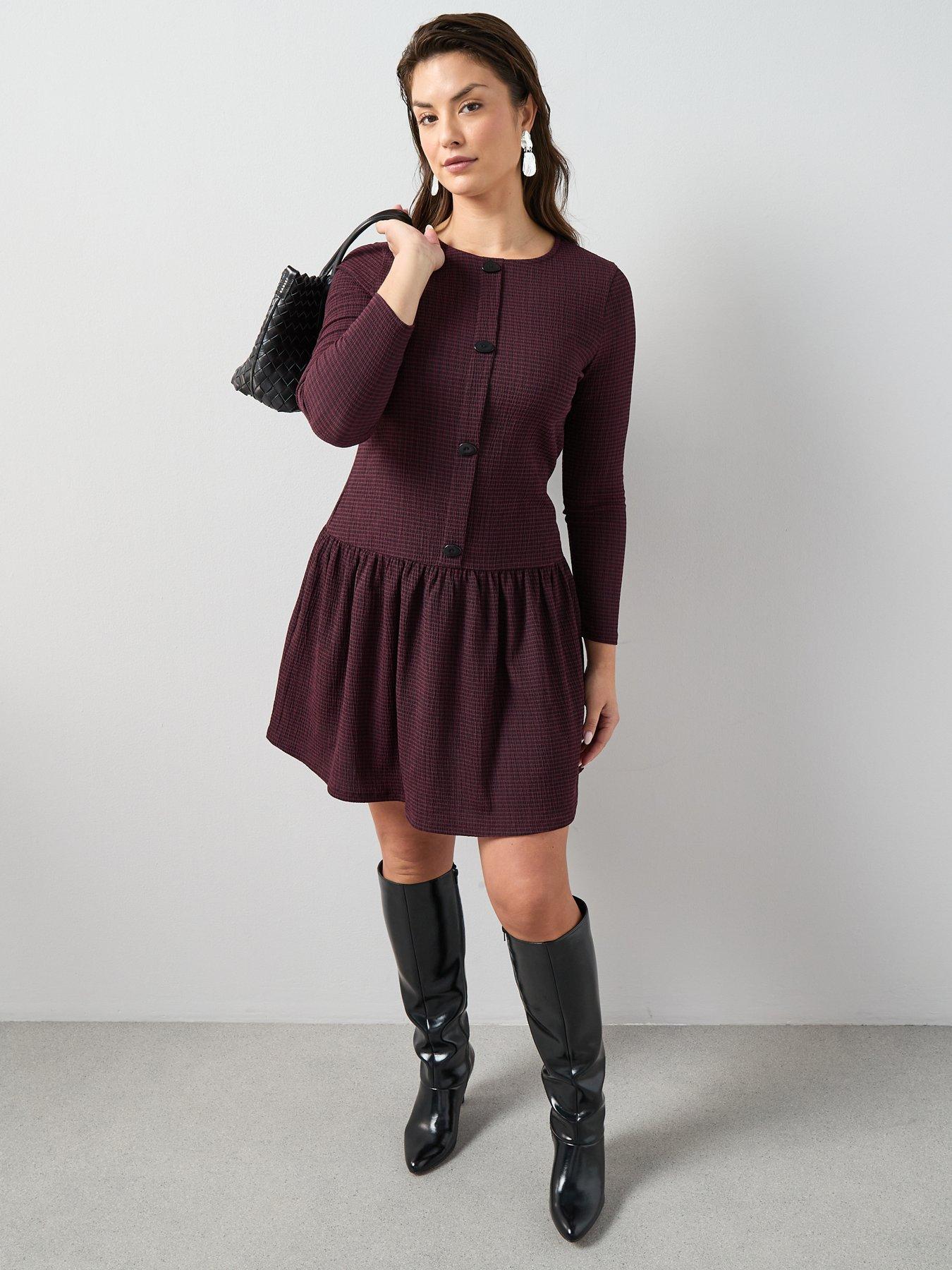 The Very Collection Curve Stretch Check Dropped Waist Mini Dress - Burgundy