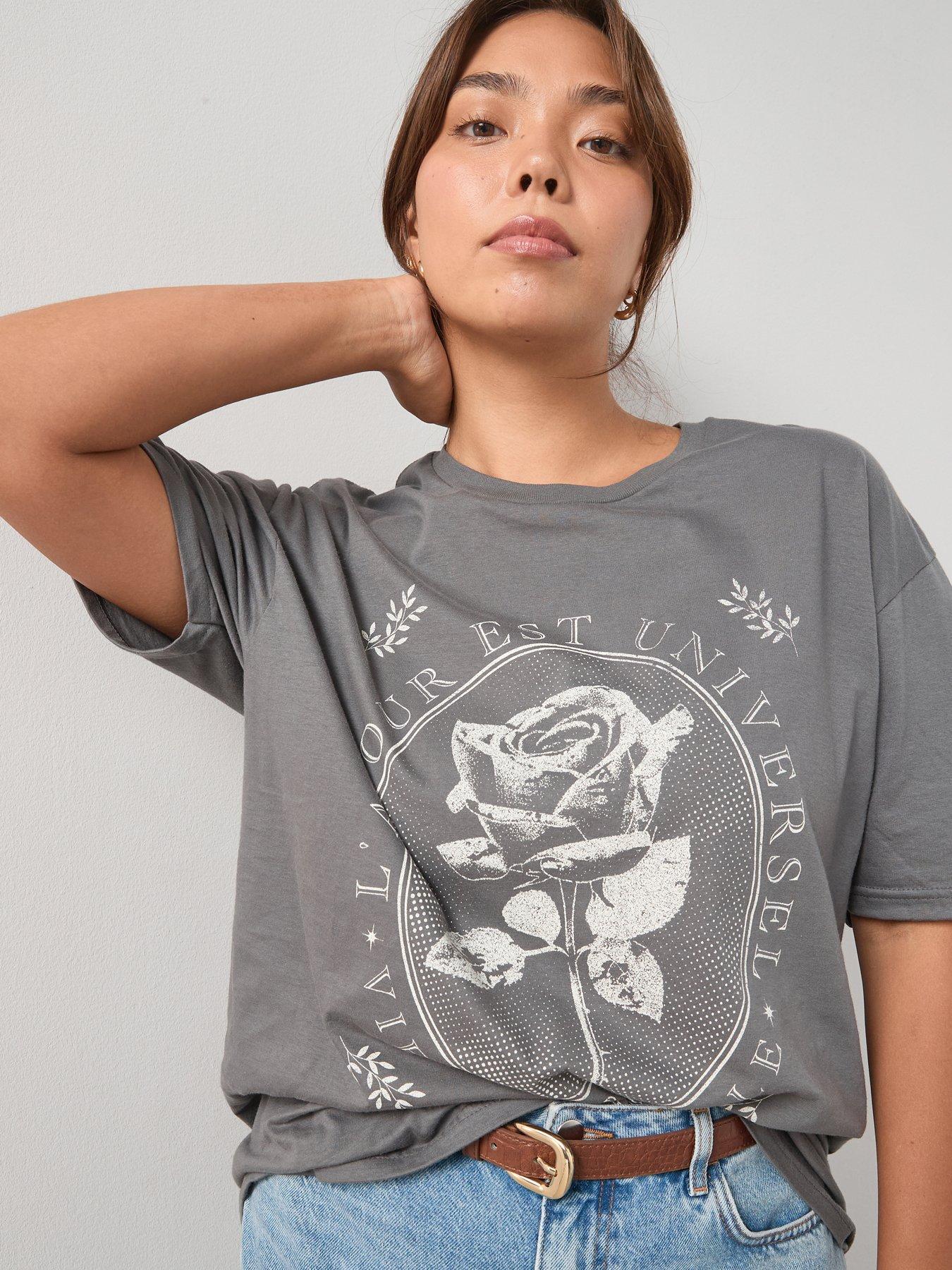 The Very Collection Curve Rose Slogan T-Shirt - Grey