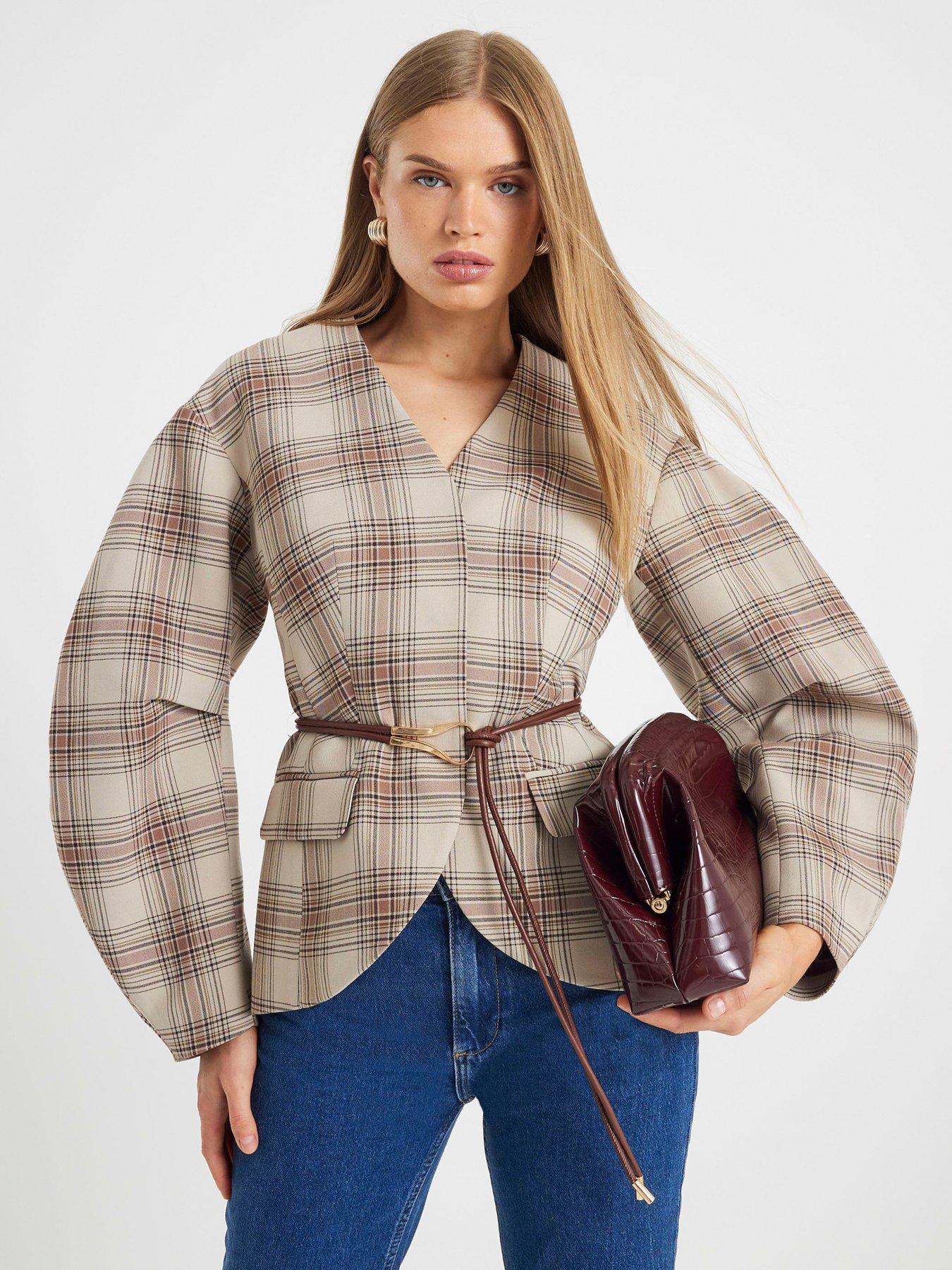 undefined Belted Check Cocoon Sleeve Blazer - Brown
