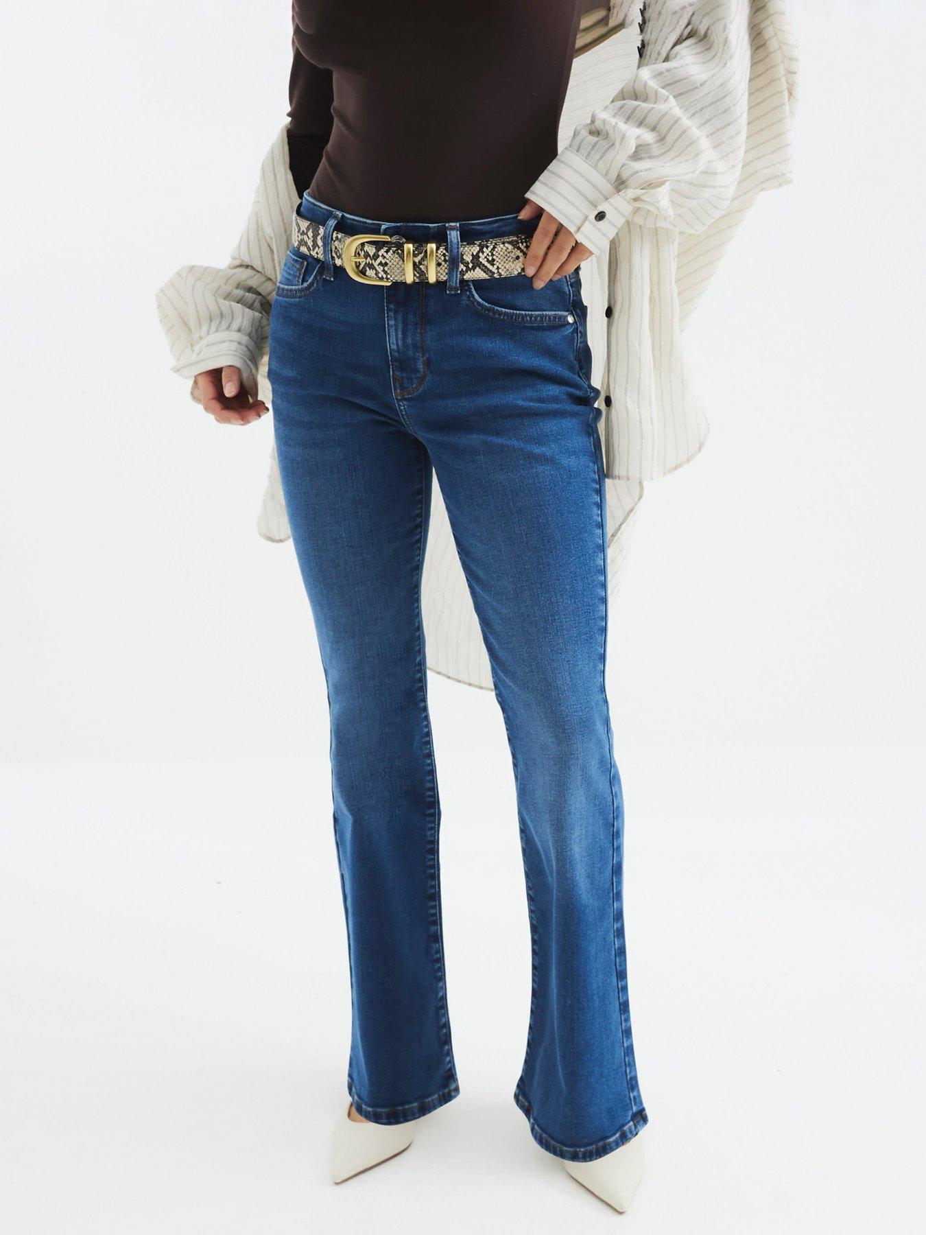 Image 1 of 6 of River Island Petite Mid Rise Bootcut Bea Jeans - Blue