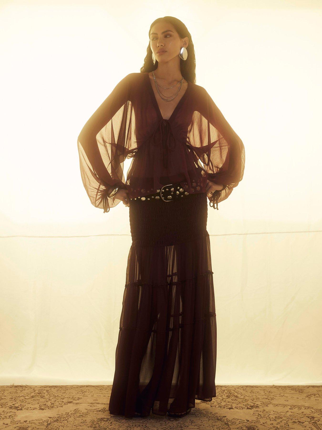 River Island: Long Sleeve Smocked Blouse - Red