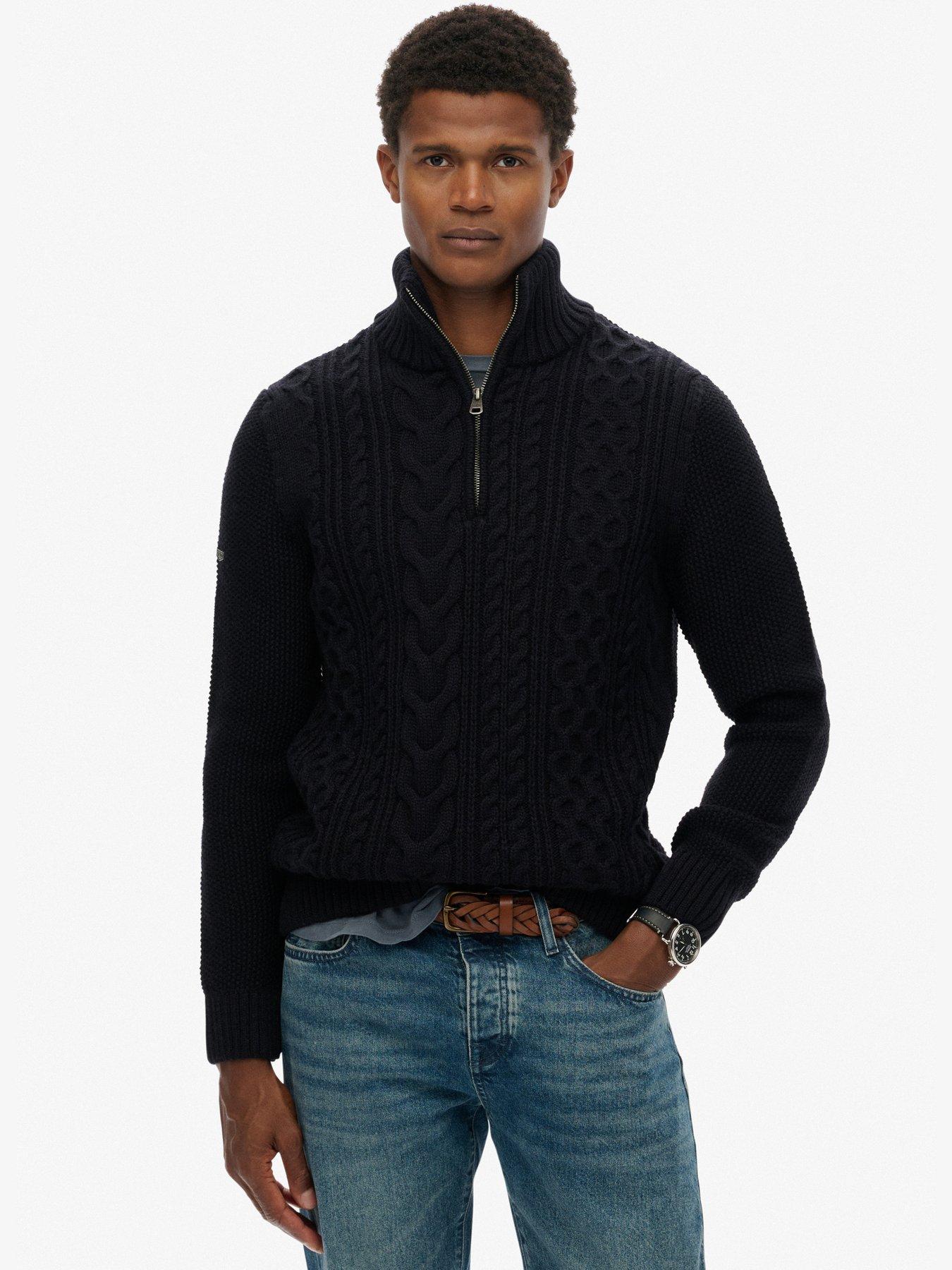 Superdry Jacob Cable Half Zip Knitted Jumper, Navy, Size M, Men