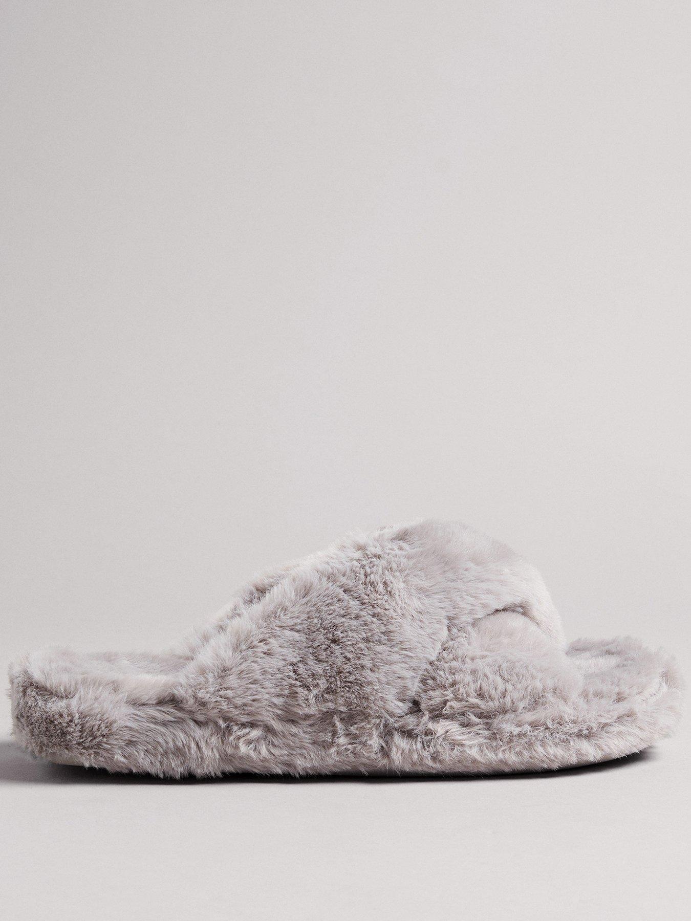 Ted Baker Faux Fur Cross Over Slippers - Grey