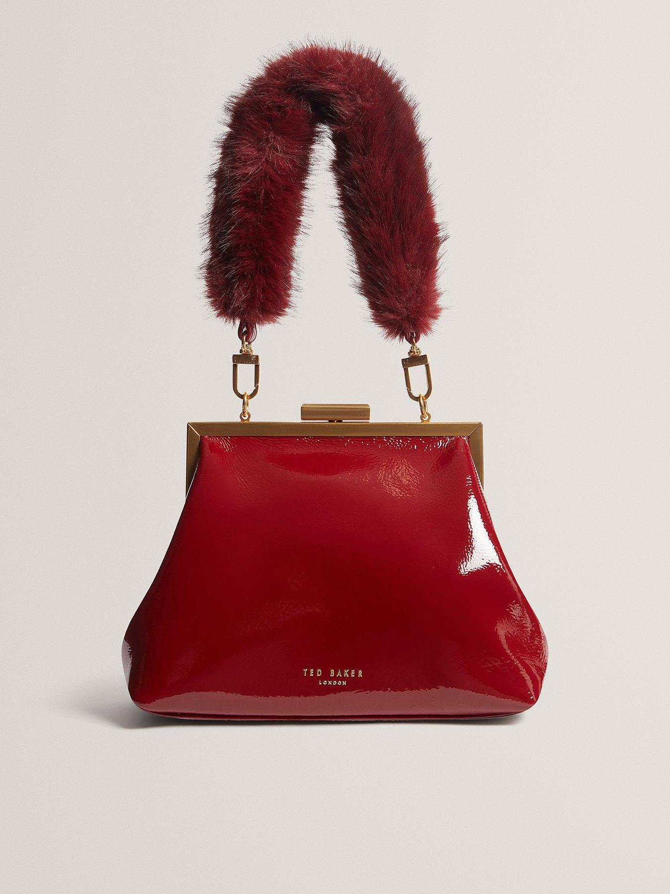 Ted Baker Leather Patent Faux Fur Handle Clutch Bag - Red