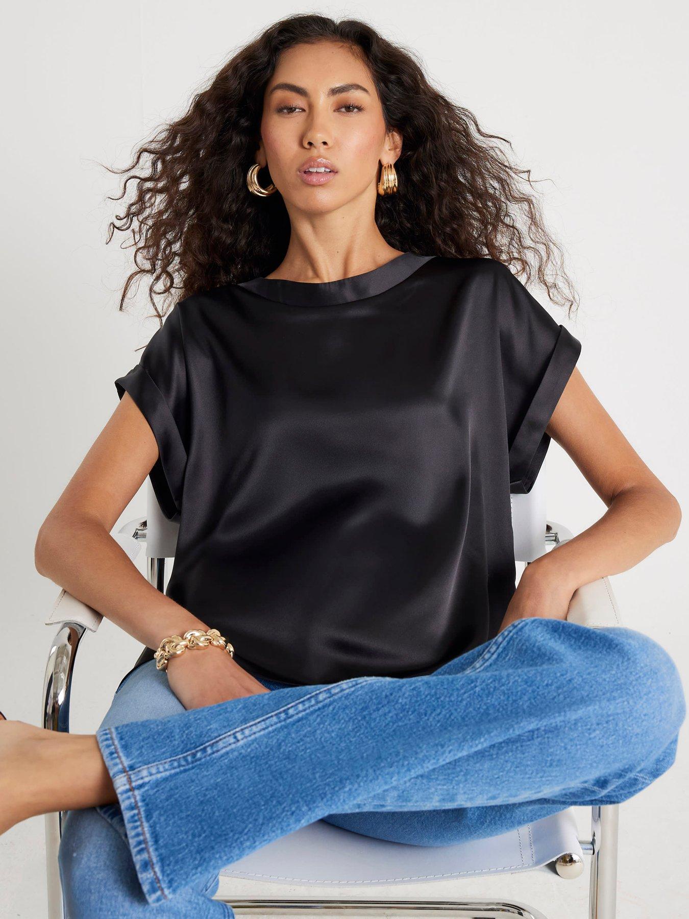 River Island Short Sleeve Satin Turn Back Cuff T-Shirt - Black