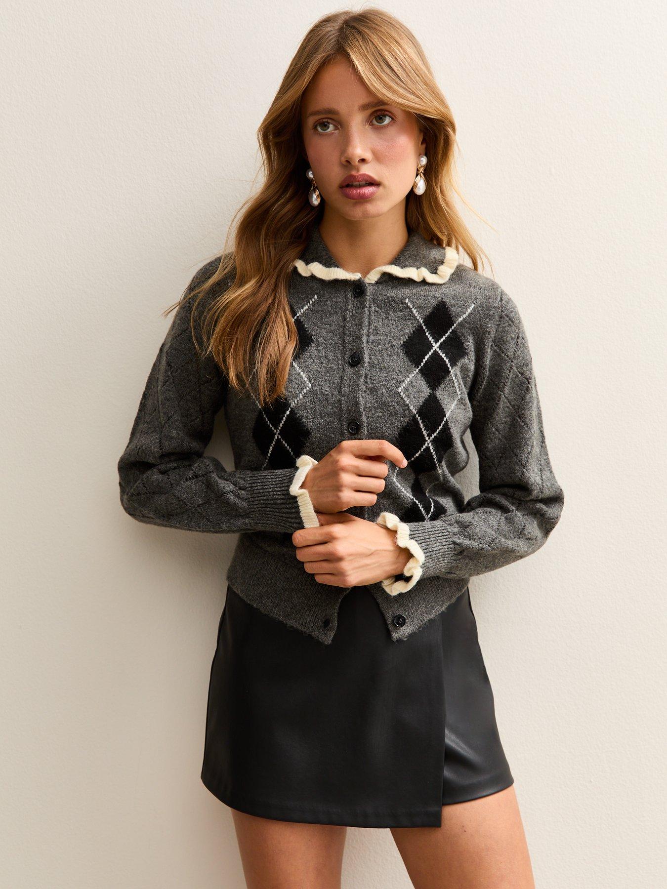New Look Grey Argyle Print Knit Frill Collar Cardigan Very