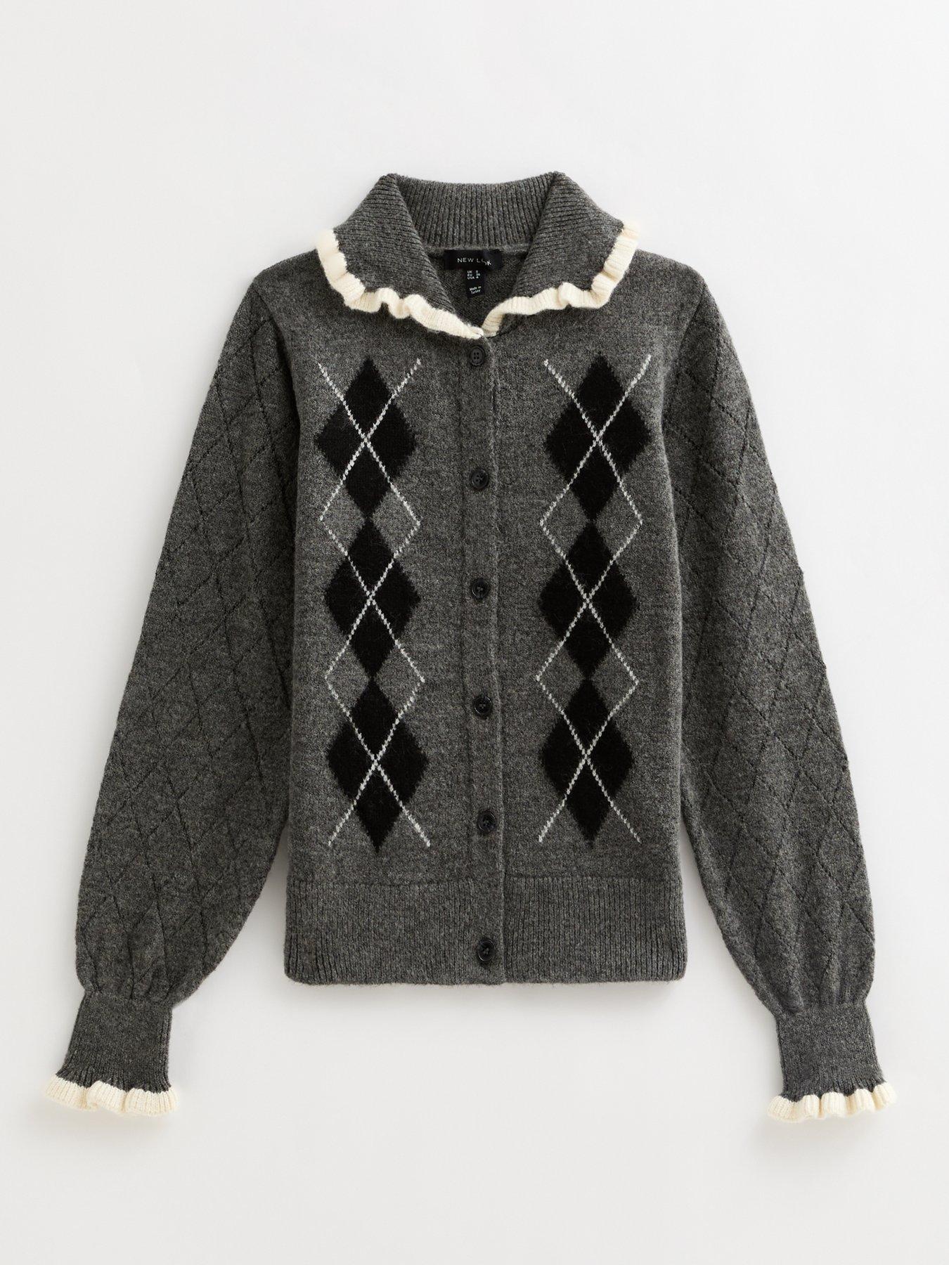 New Look Grey Argyle Print Knit Frill Collar Cardigan Very