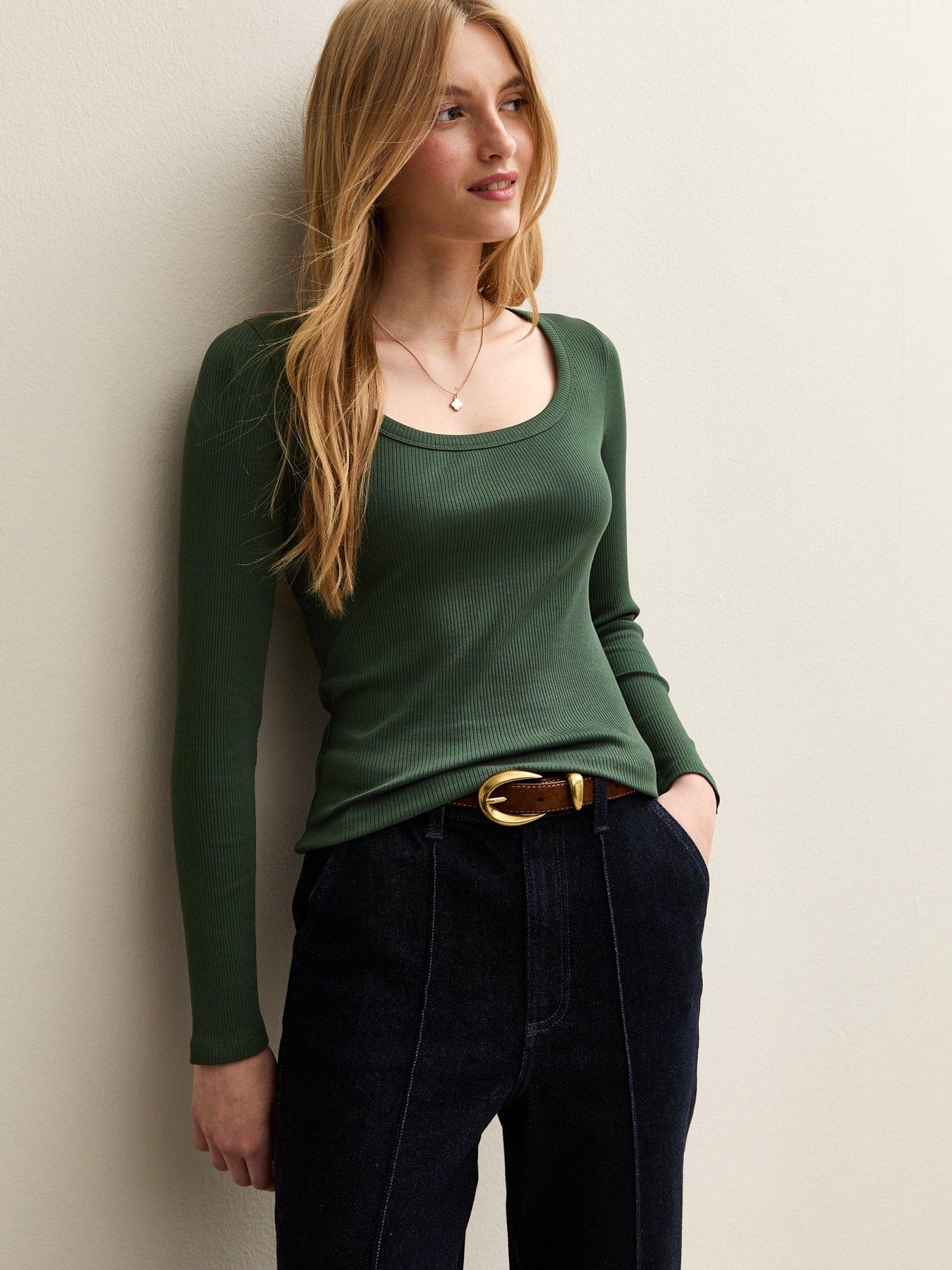 New Look Dark Green Scoop Neck Long Sleeve Ribbed Top