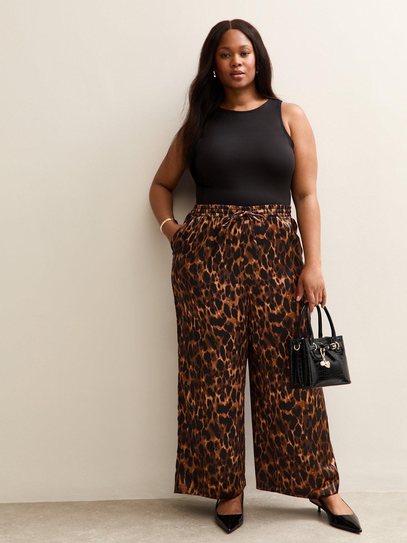 New Look Curves Leopard Print Satin Wide Leg Trousers - Brown