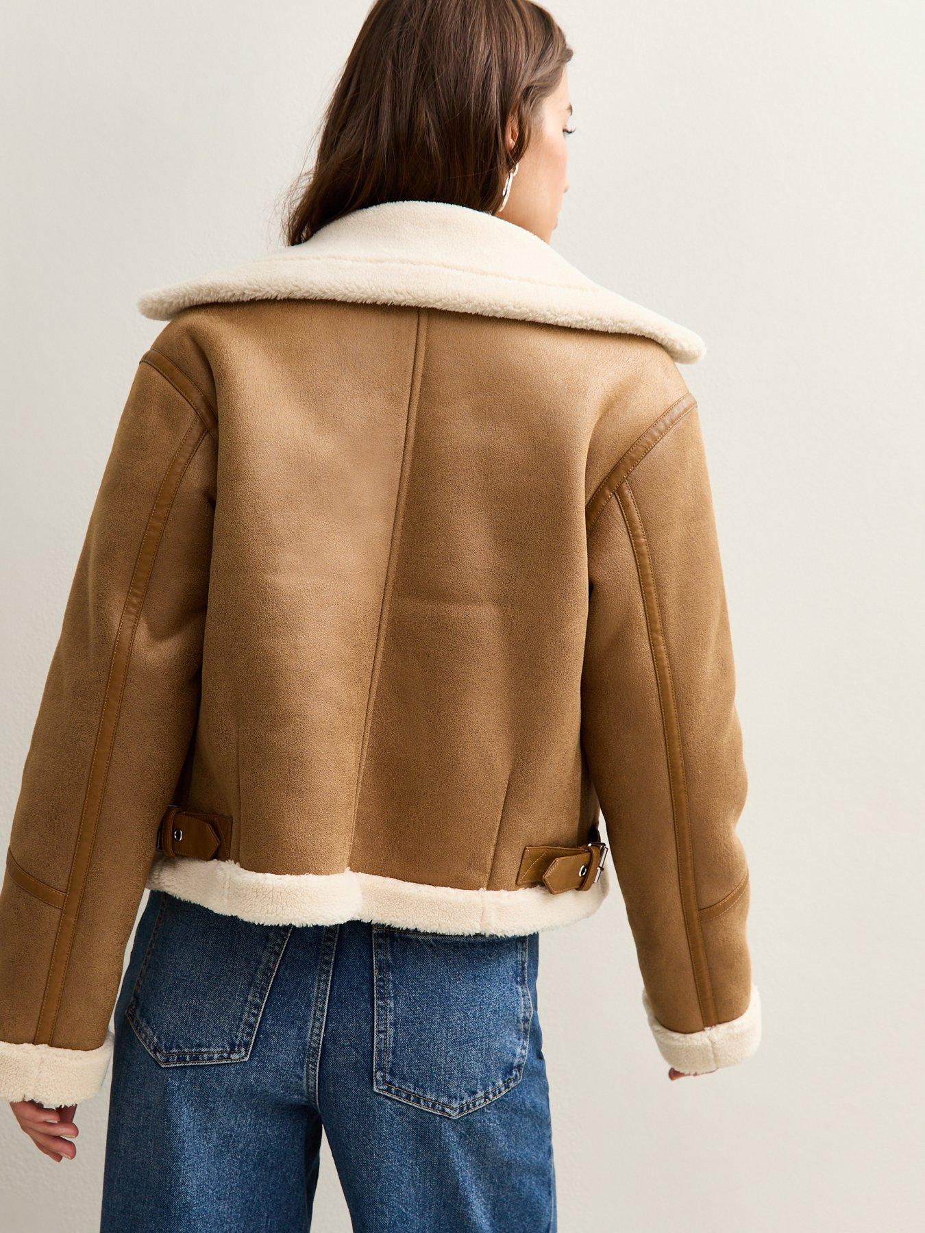 Image 2 of 4 of New Look Faux Suede Cropped Aviator Jacket - Brown