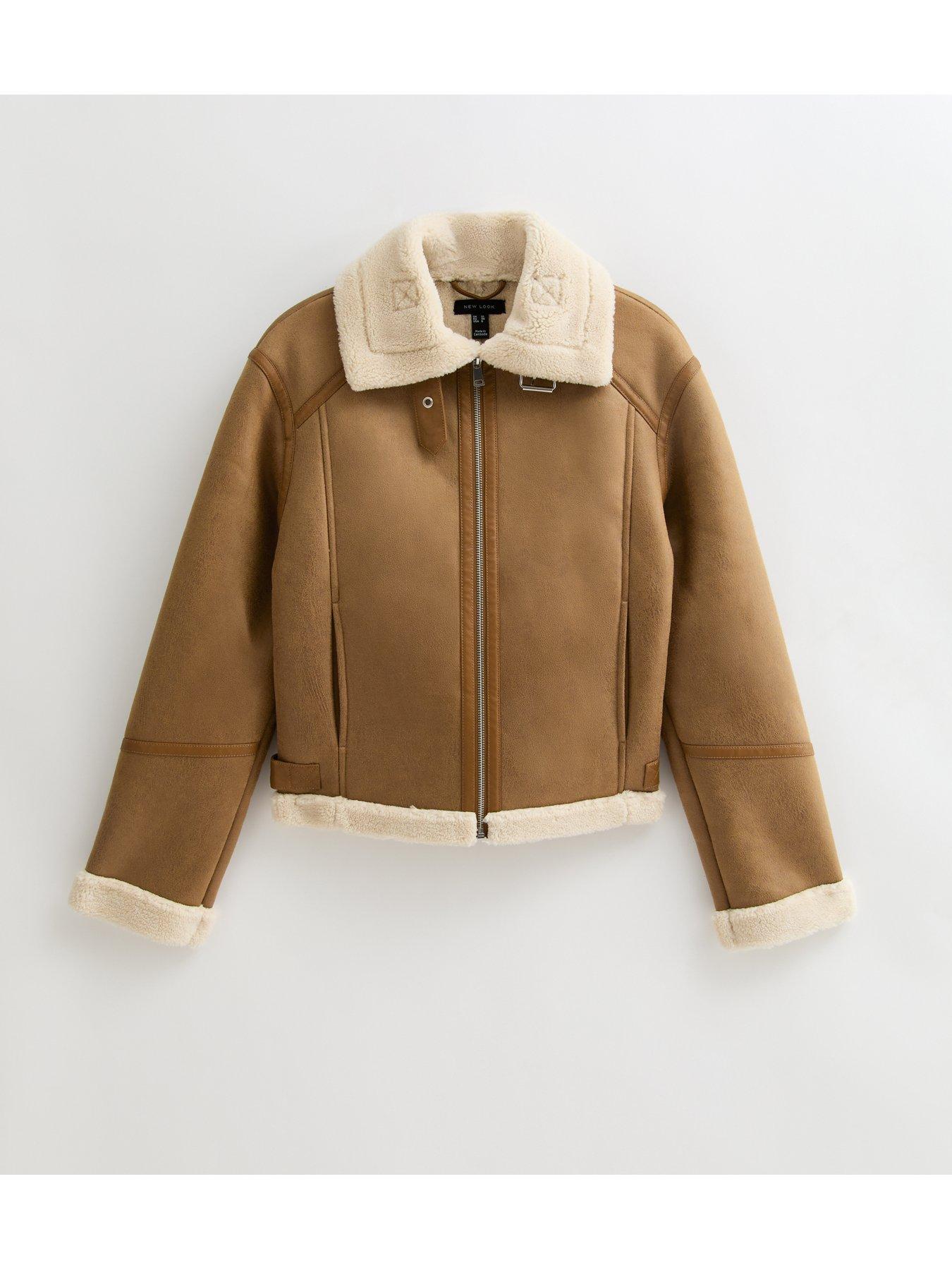 Image 4 of 4 of New Look Faux Suede Cropped Aviator Jacket - Brown