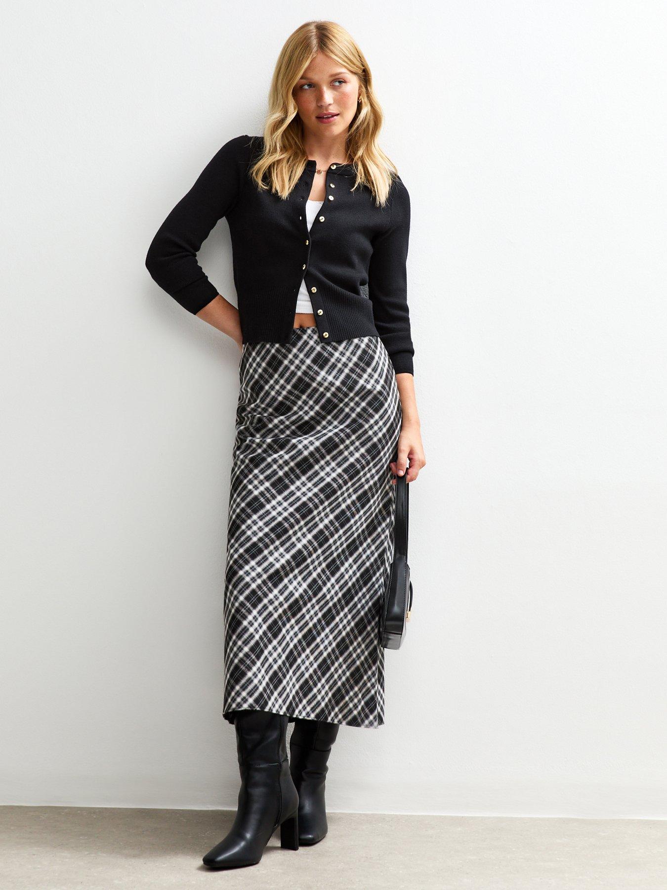 New Look Black Checked Midi Skirt