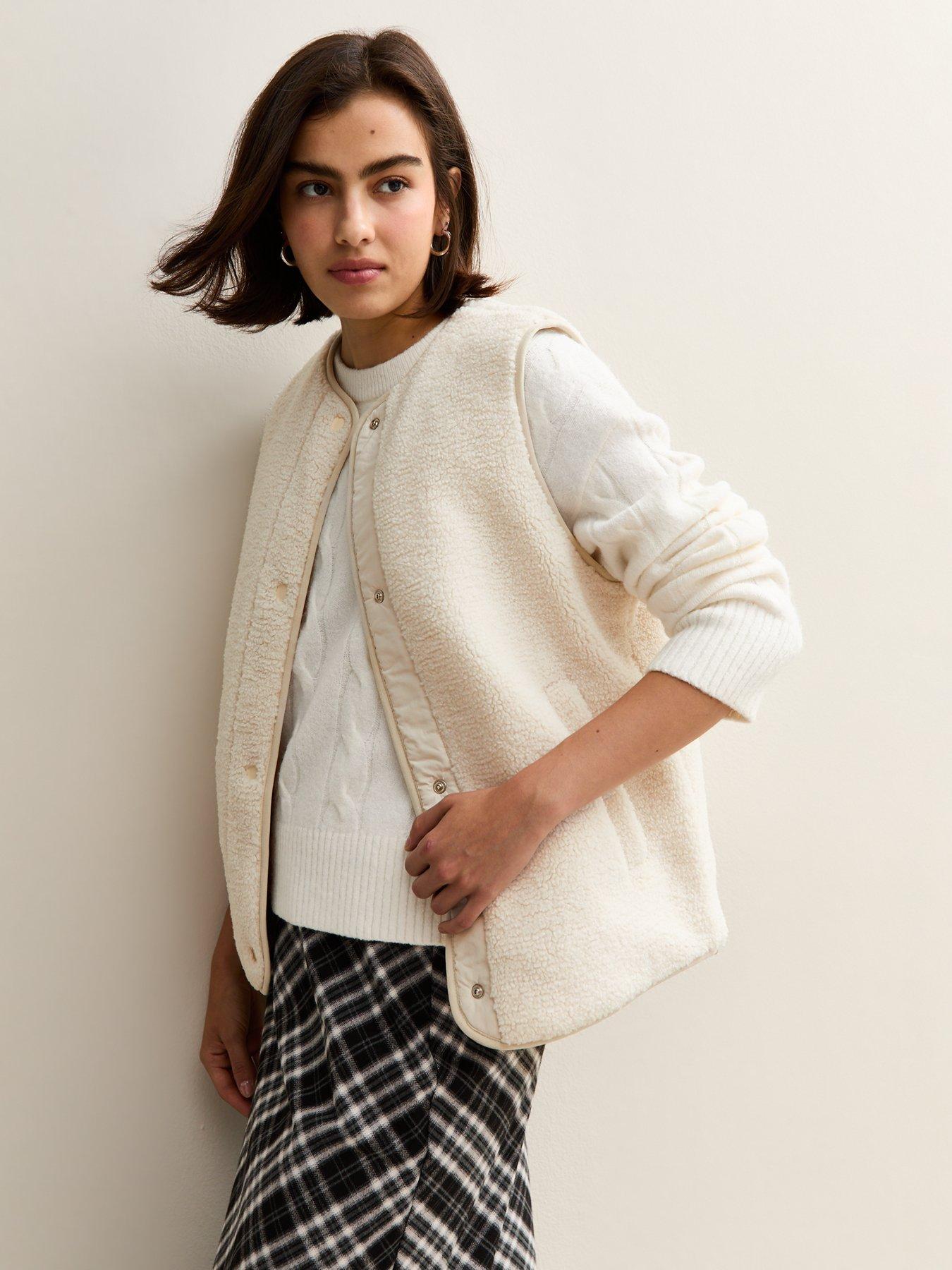 Image 1 of 4 of New Look Cream Borg Collarless Gilet