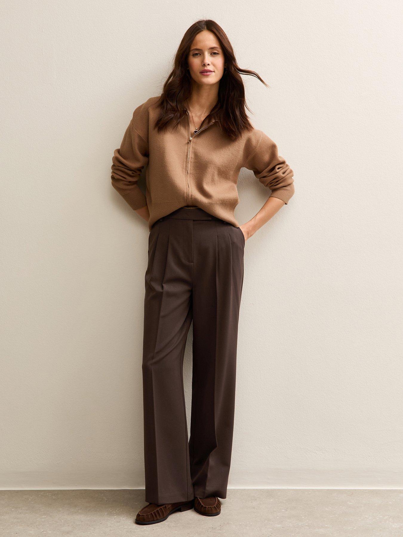 New Look Dark Brown Pleated Front Wide Leg Trousers