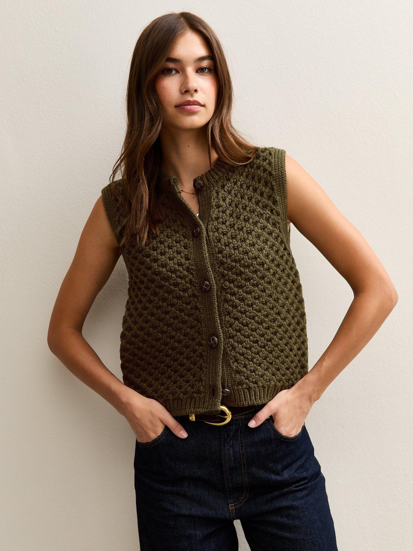New Look Khaki Moss Stitch Buttoned Waistcoat