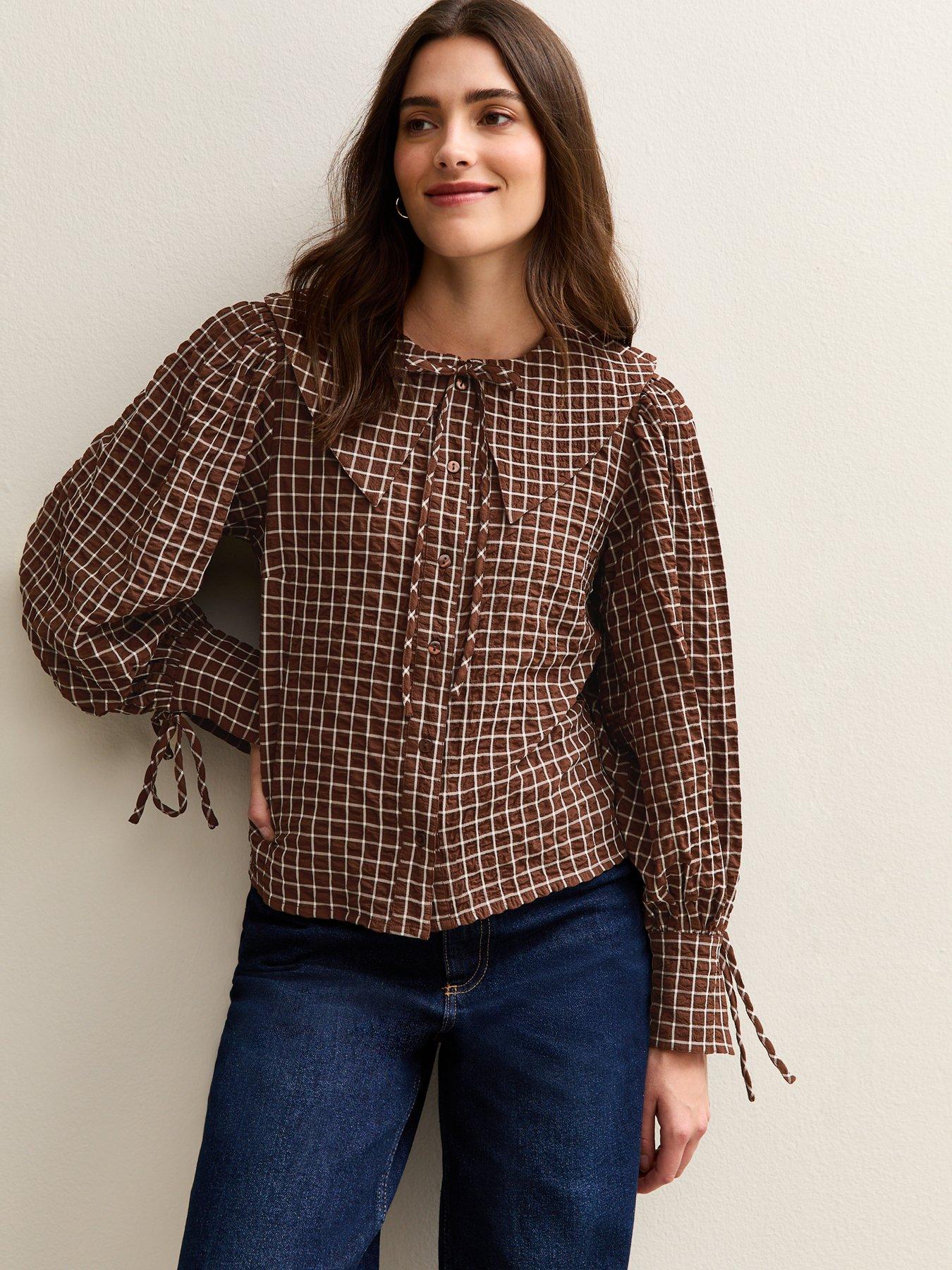 New Look Brown Crinkle Texture Check Patterned Collared Shirt