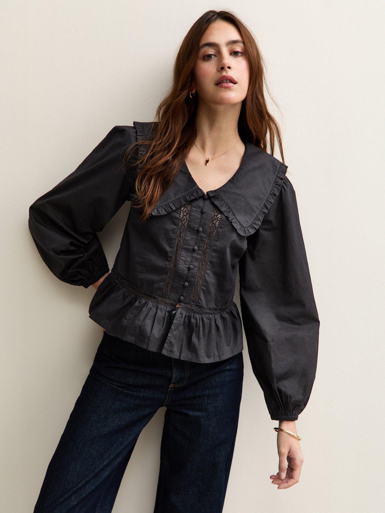 New Look Black Lace Insert Oversized Collar Shirt