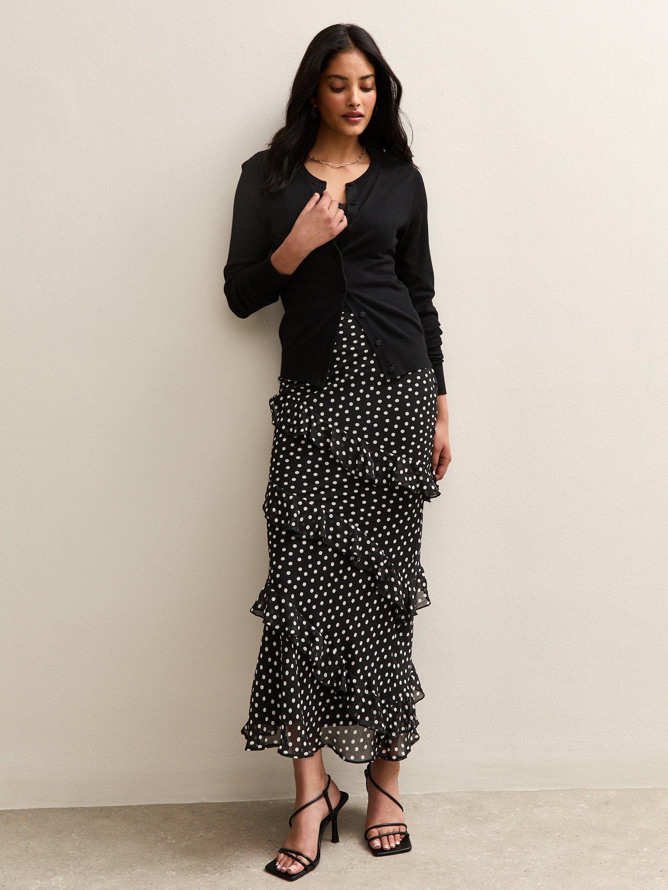 New Look Black Chiffon Polka Dot Ruffle Trimmed Midi Skirt