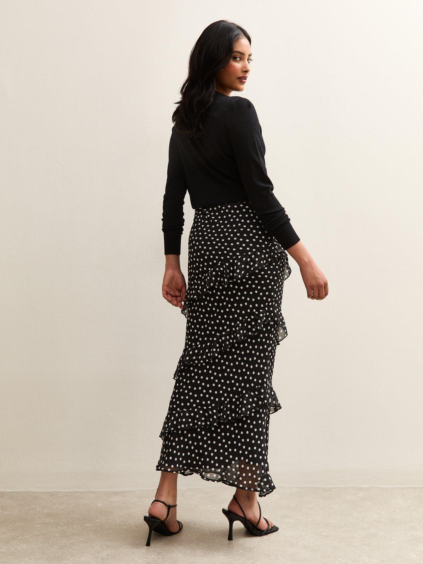 New Look Black Chiffon Polka Dot Ruffle Trimmed Midi Skirt | Very