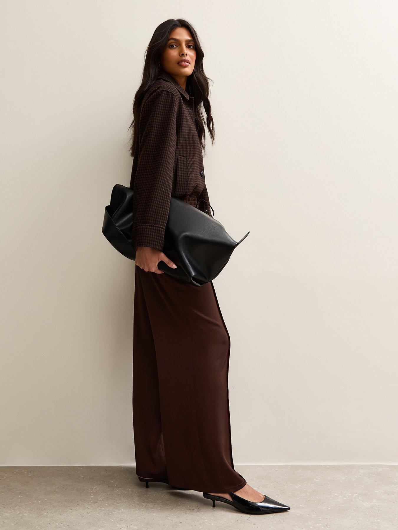 Image 3 of 5 of New Look Satin Drawstring Waist Wide Leg Trousers - Brown