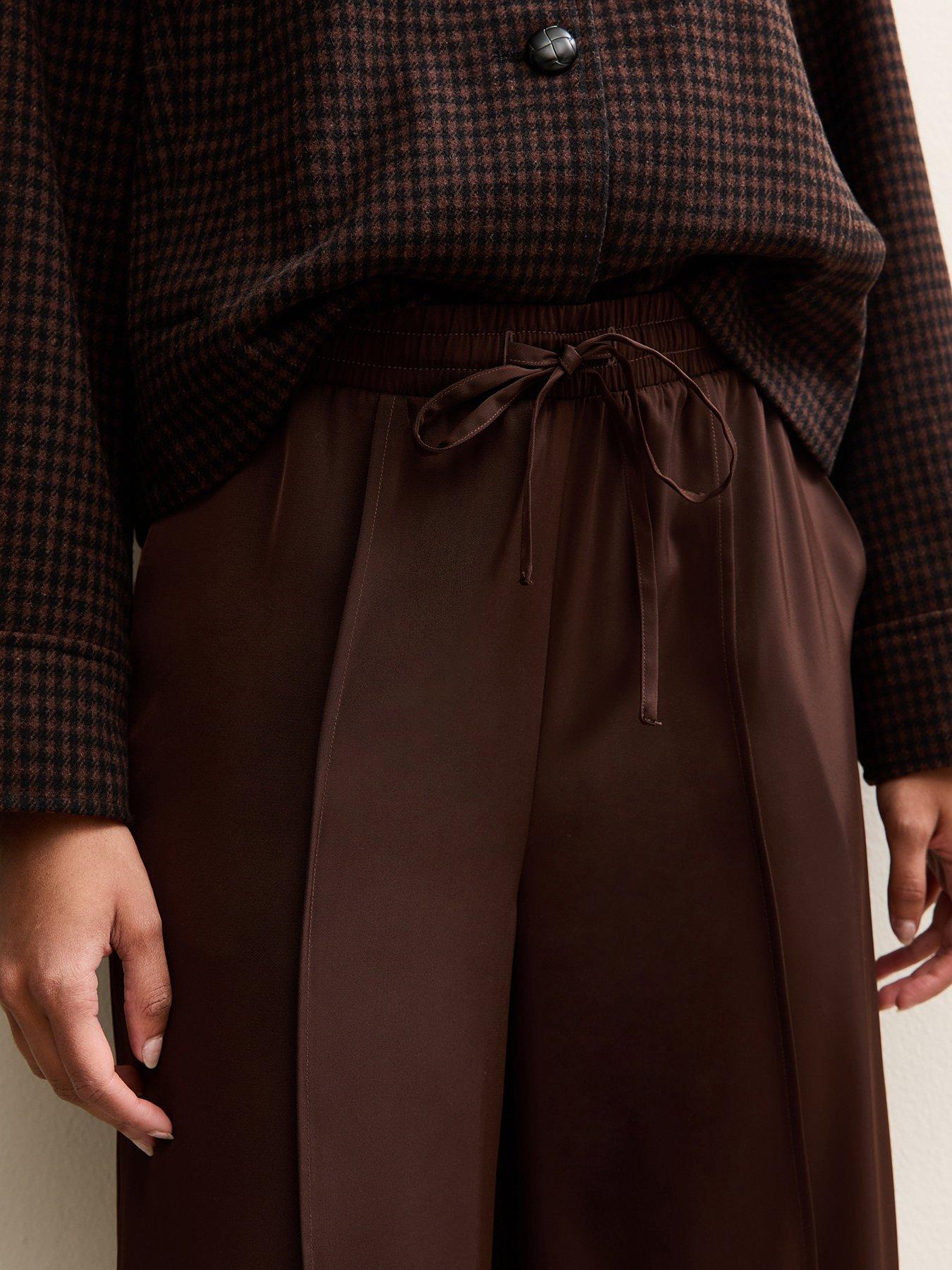 Image 4 of 5 of New Look Satin Drawstring Waist Wide Leg Trousers - Brown