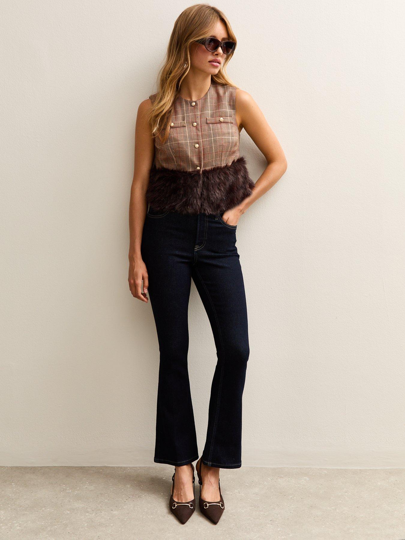 Image 3 of 6 of New Look Brown Check Faux Fur Trim Waistcoat