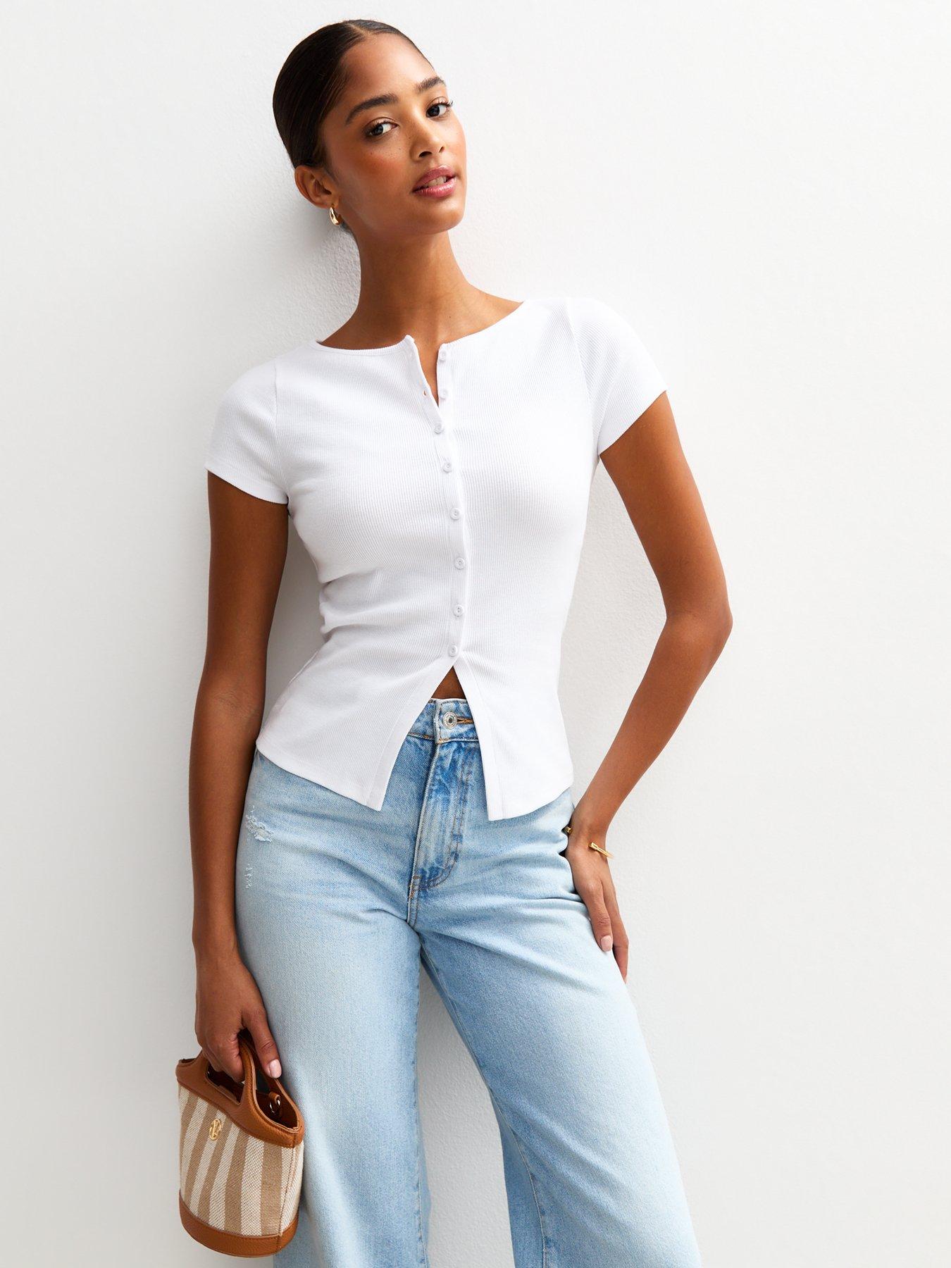 Image 1 of 3 of New Look White Ribbed Button Up Baby Tee